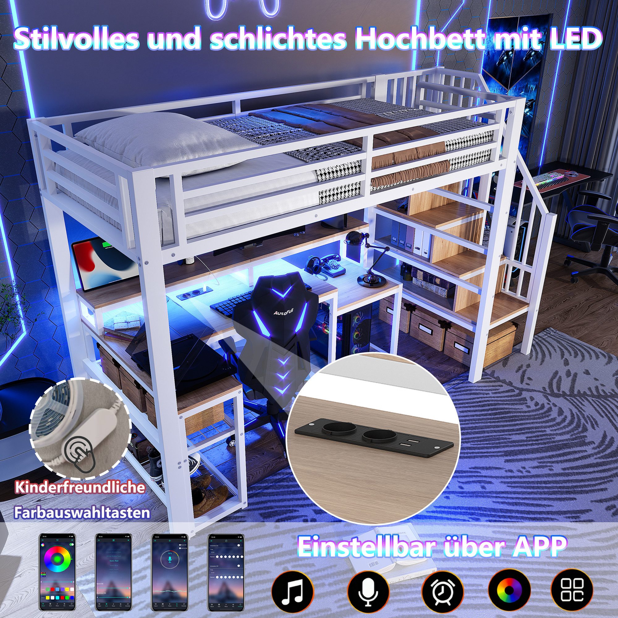 Flieks Hochbett Metall Kinderbett 90x200cm mit LED Ablagefach Schreibtisch Aufladen – Bild 4 von 5