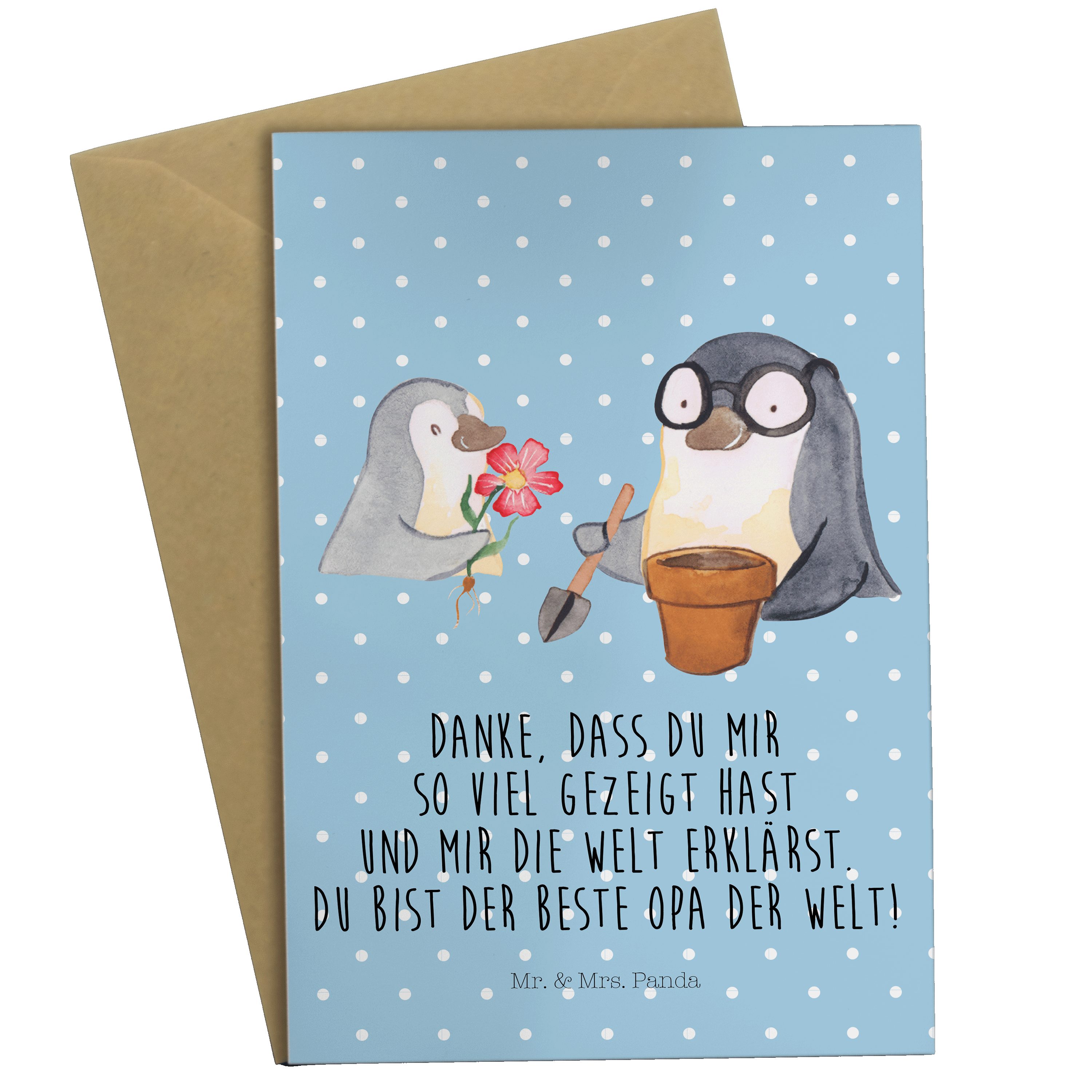 Mr. & Mrs. Panda Grußkarte Pinguin Opa Blumen pflanzen - Blau Pastell - Geschenk, Karte, Opi, Fa