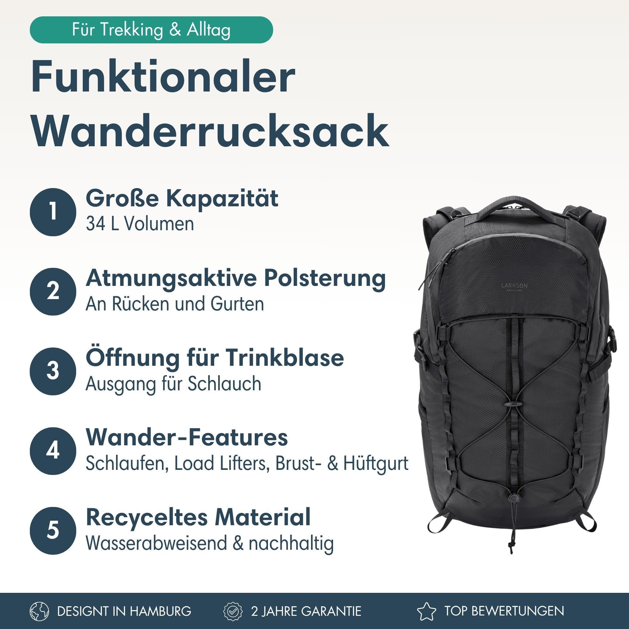 LARKSON Wanderrucksack Klint Large Rucksack 34 L mit Trinkblasenöffnung (1- günstig online kaufen