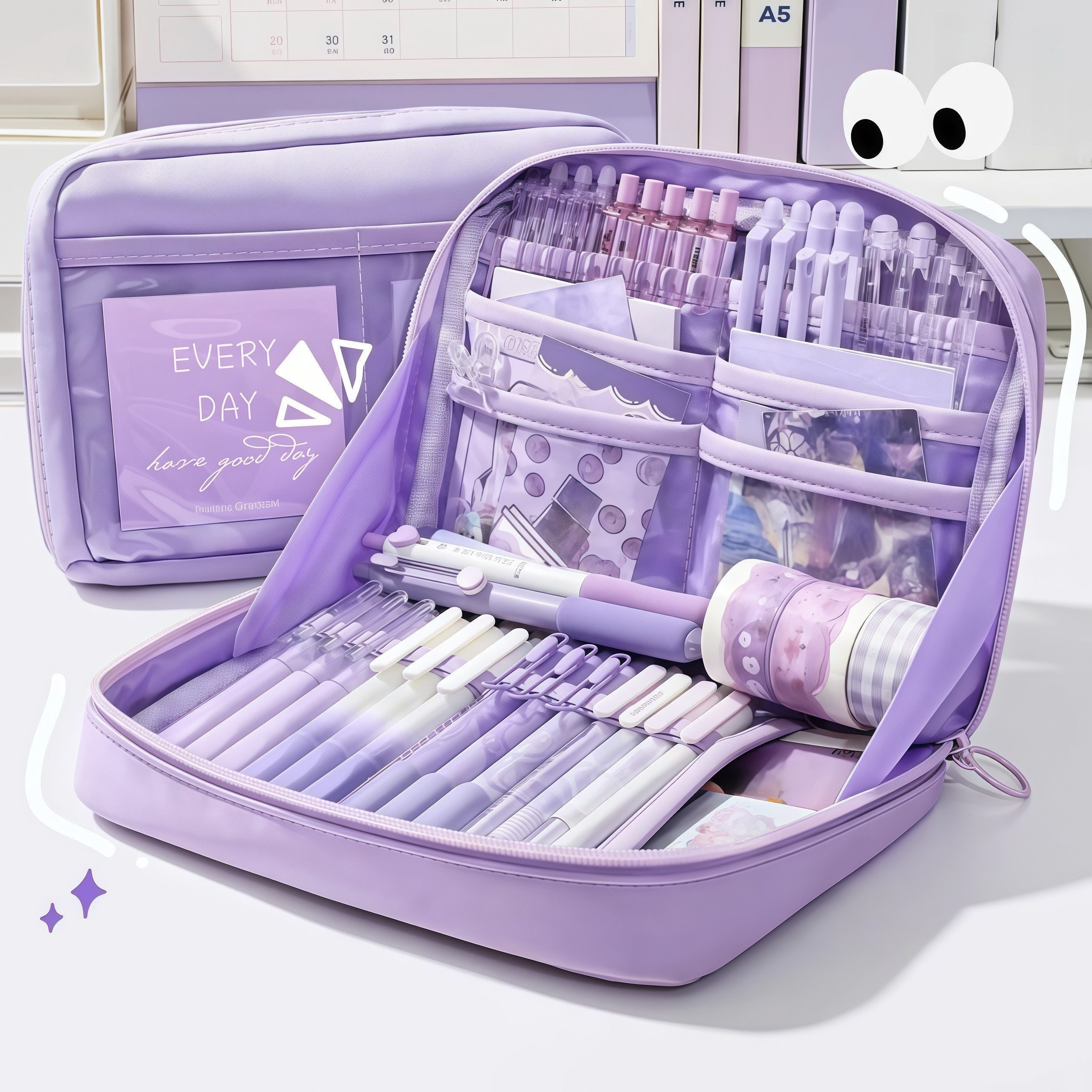 FOUORTUNATE-BEE Federmäppchen 12-teiliges lila Schreibwaren-Set – ideales Geschenk zum Schulstart, Lernset für Schule und Büro – komplette Ausstattung für den A – Bild 5 von 5