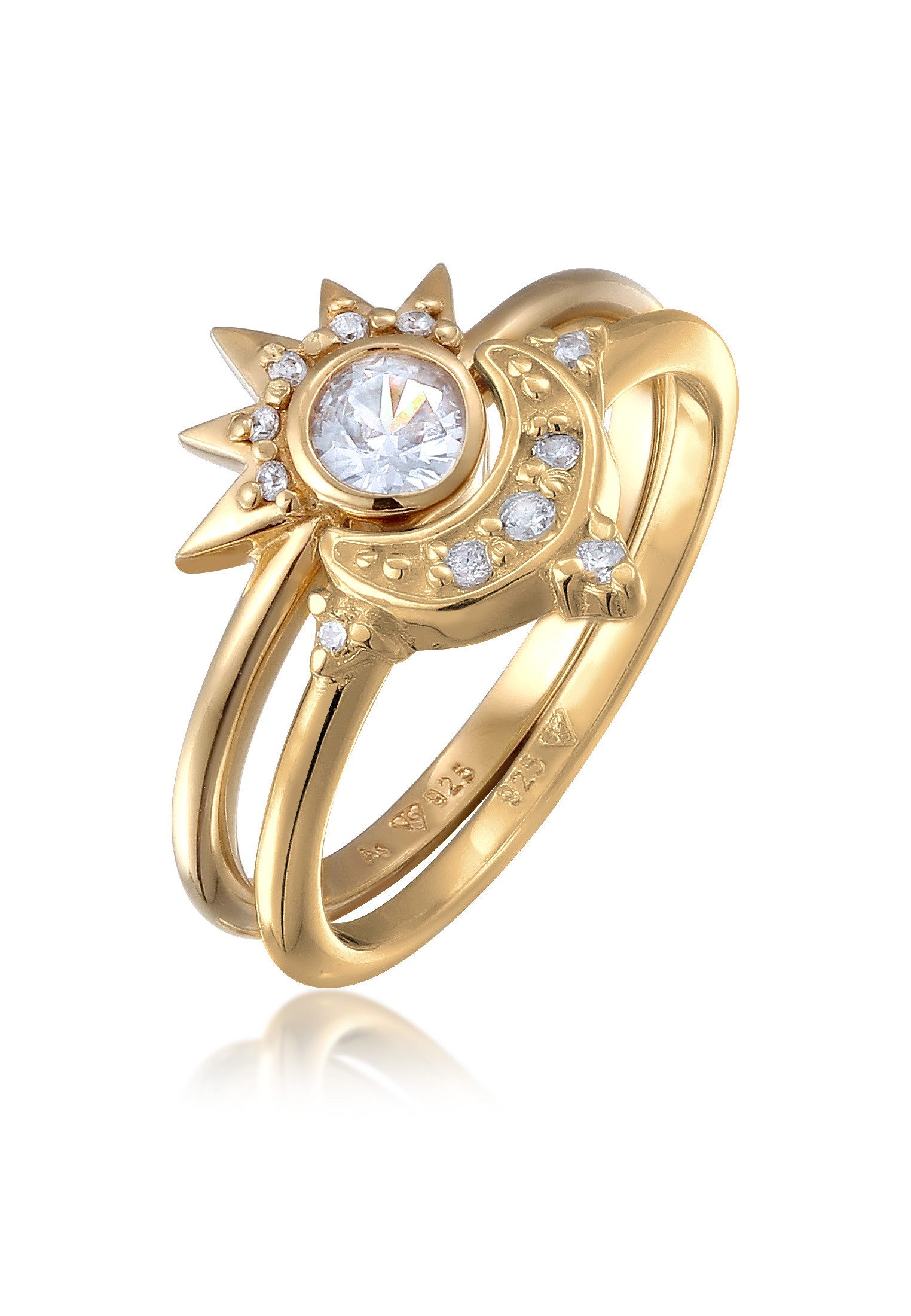 Ring-Set Mond Sonne Zirkonia 2er Set 925 Sterling Silber vergoldet