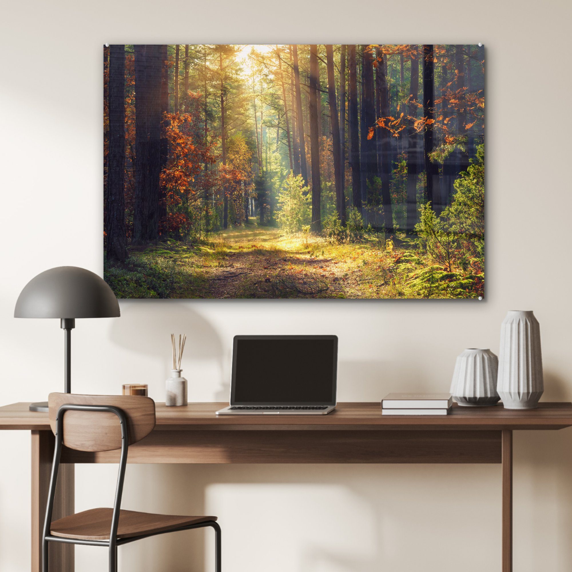 Acrylglasbild (1 & - MuchoWow Wohnzimmer Acrylglasbilder St), Herbst Wald - Bäume, Schlafzimmer