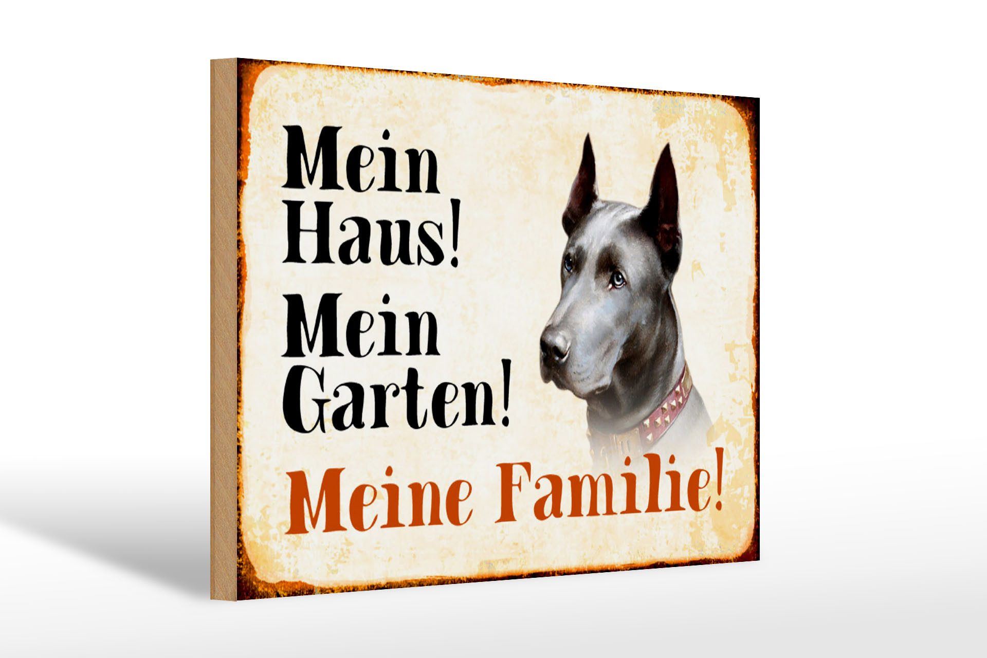 Femer GmbH Holzbild Hund 30x20cm Dobermann mein Haus Garten Familie, (1 St), Glatte Holzfaserplatte (MDF), vorn beschichtet