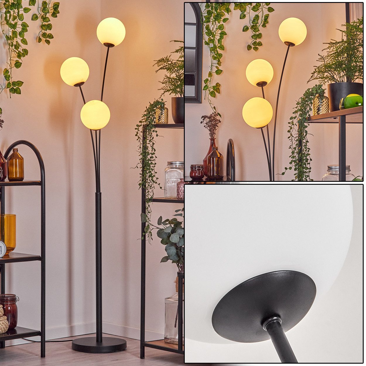 hofstein Stehlampe Stehlampe aus Metall/Glas in Schwarz/Weiß, ohne Leuchtmittel, Retro/Vintage-Leuchte mit Glasschirmen (15cm) u. Fußschalter, E14