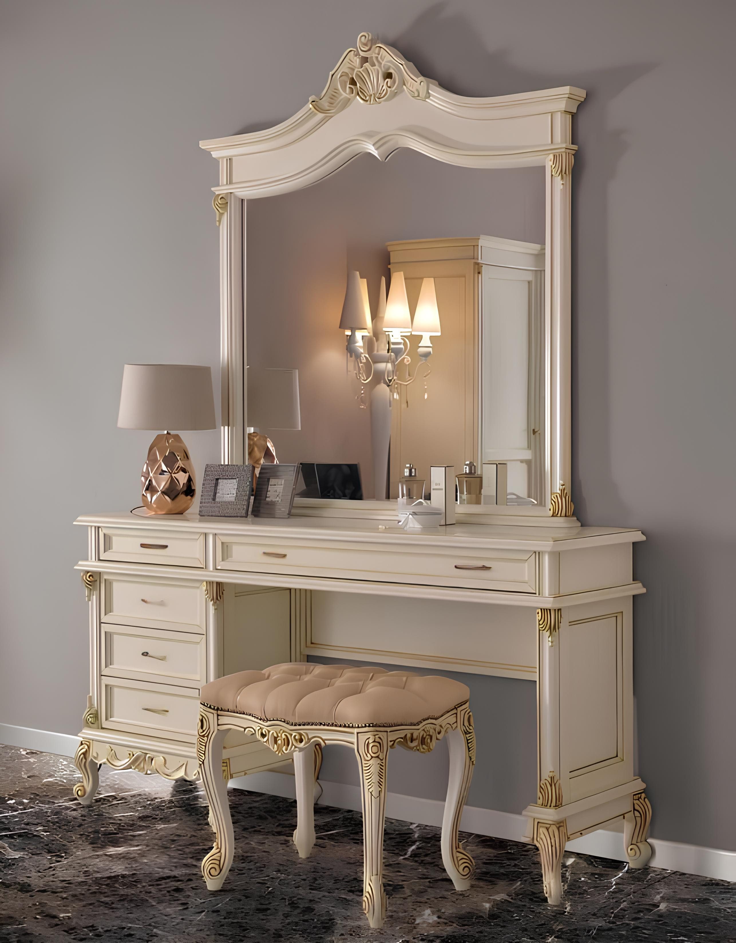 Schminktisch Barock Rokoko Konsolen Tische + Hocker Frisiertisch Make Up Tisch Weiß