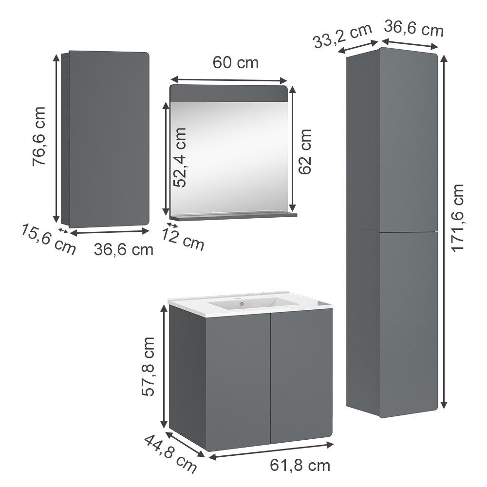 Vicco Badmöbel-Set Izan, Grau, 4 Teile, günstig online kaufen