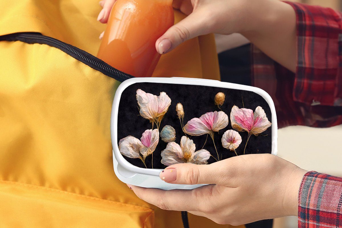 MuchoWow Lunchbox Blumen und und Mädchen - Brotdose, Kunststoff, - Schwarz, Kinder Jungs für für Rosa - weiß Erwachsene, Pflanzen (2-tlg), Brotbox