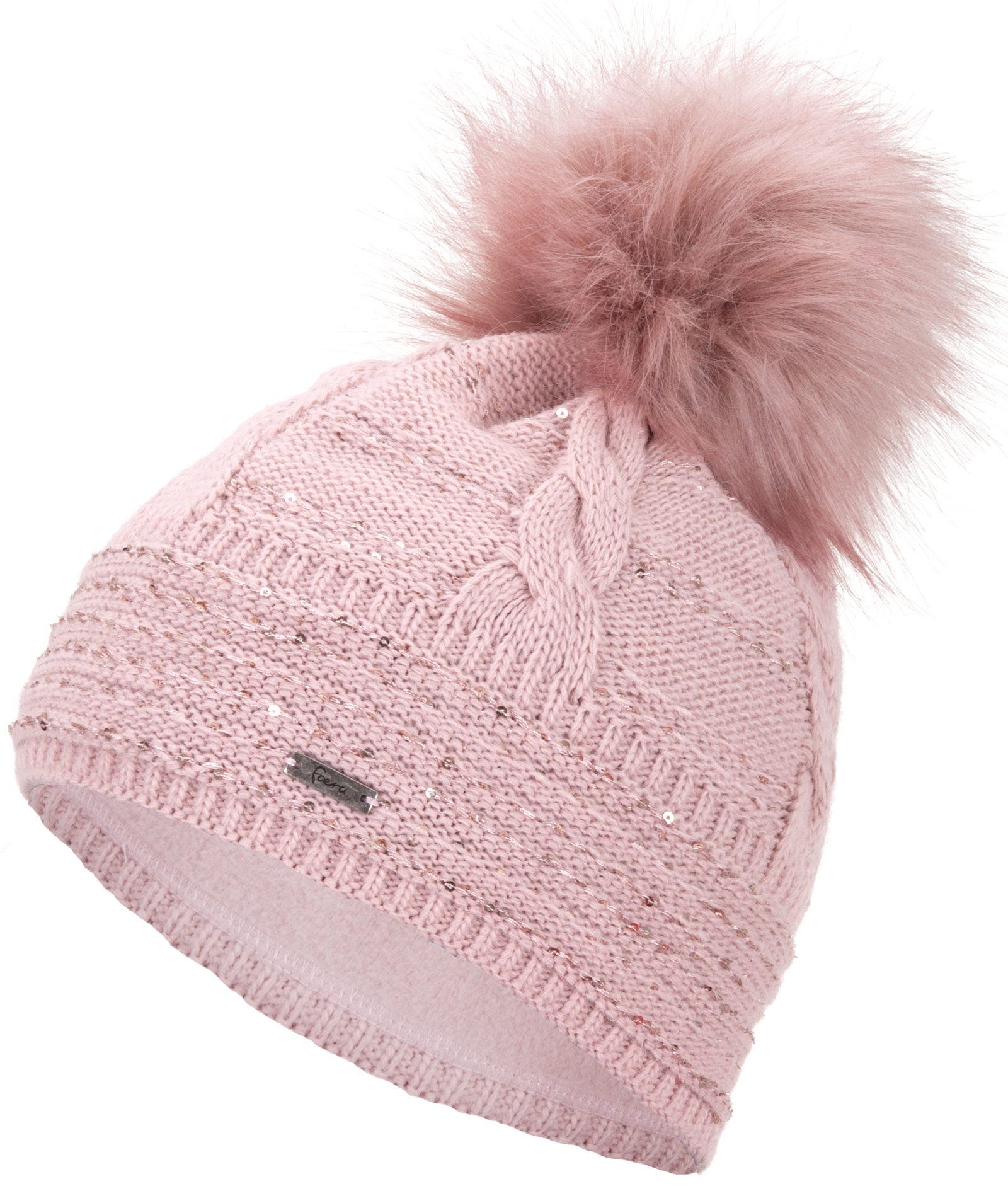 Beanie Wintermütze rose Damen gefüttert Pailletten Haube Faera Strickmütze Mütze Bommelmütze