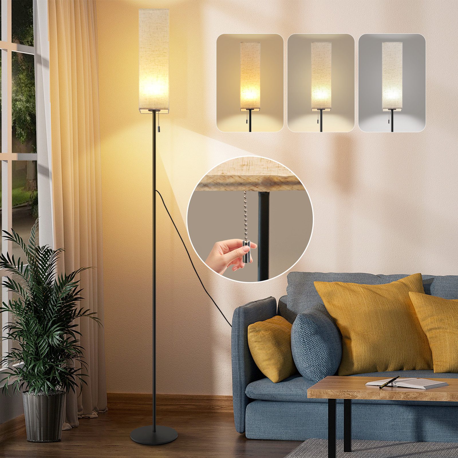 ZMH LED Stehlampe Dimmbar Retro Standleuchte Stoffschirm Wohnzimmer mit Sei günstig online kaufen