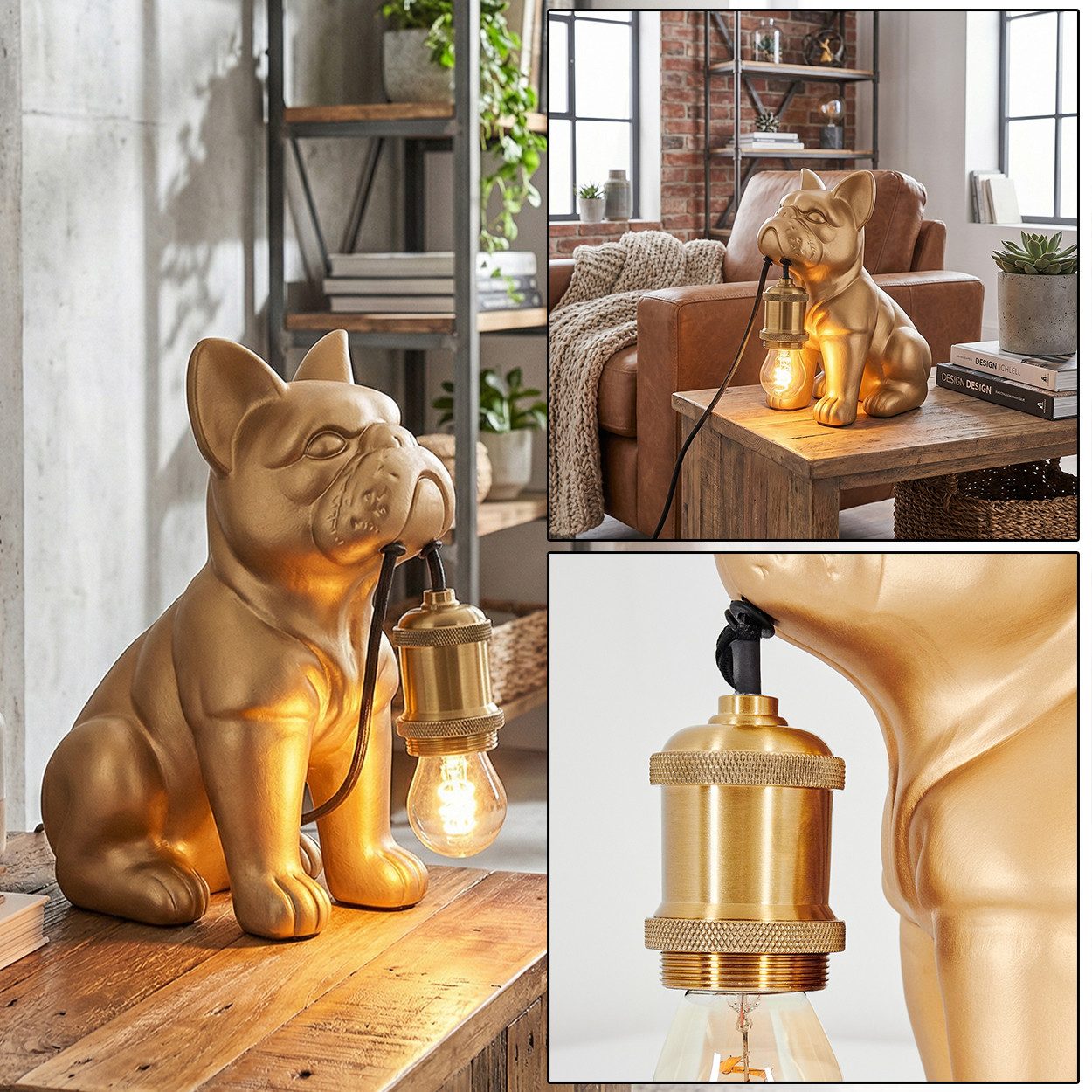 hofstein Tischleuchte Tischlampe Hund aus Keramik/Metall in Gold-/Kupferfarben, Tischleuchte im Vintage-Design, Schalter am Kabel, Höhe 24 cm, E27