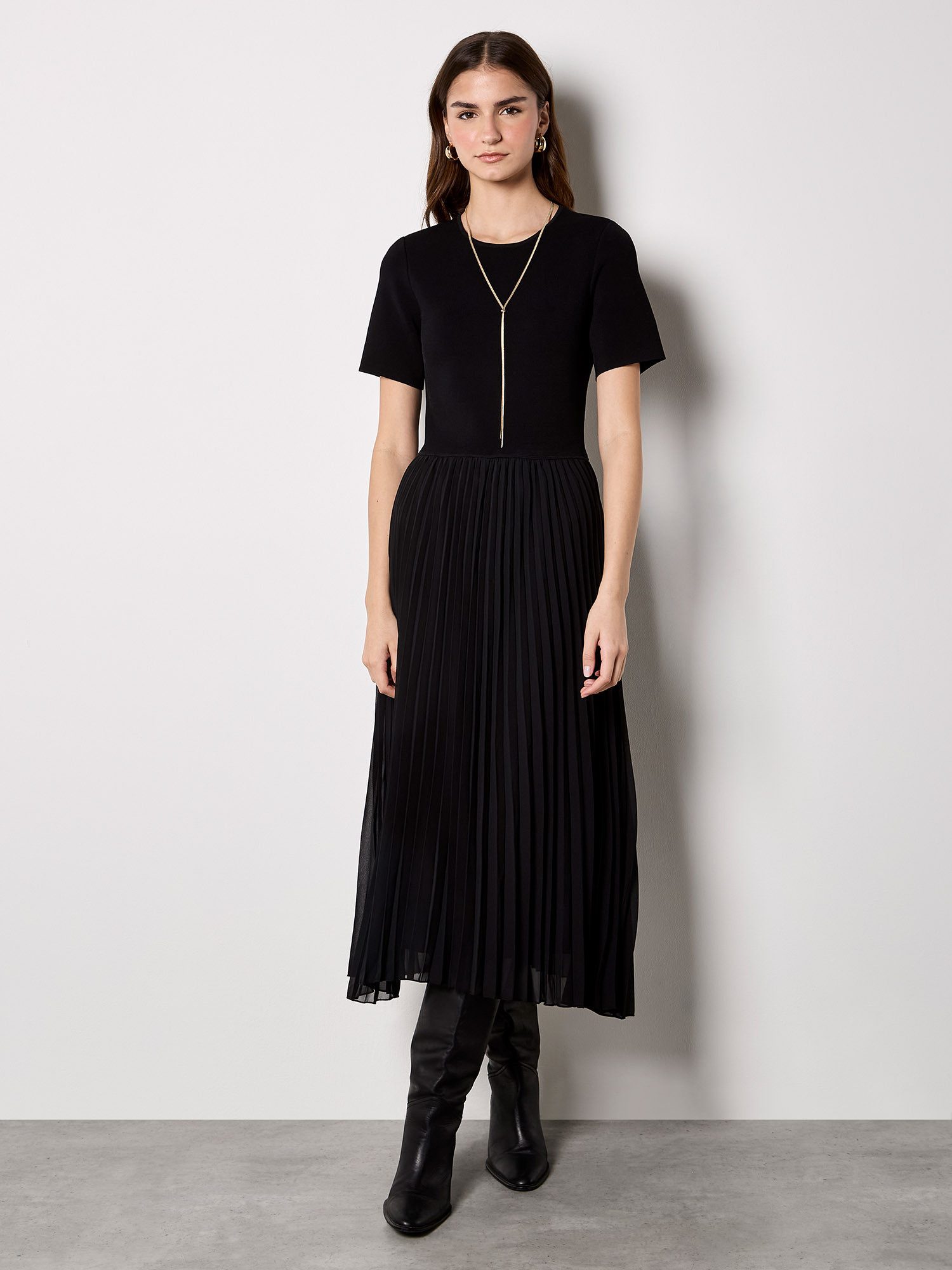 Apricot Midikleid Kleid im Materialmix mit Strickoberteil und Plisseerock