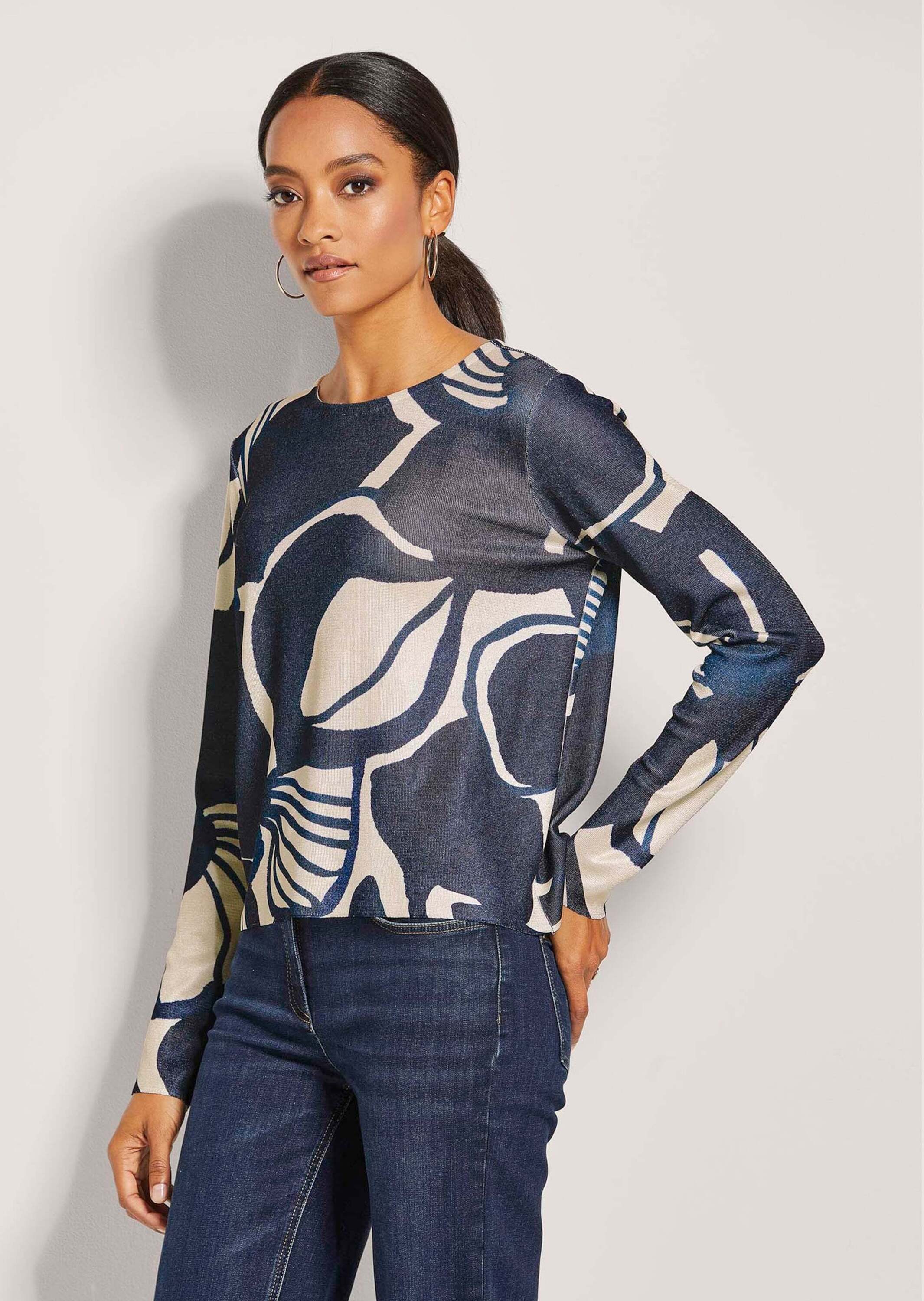 Strickpullover Kurzer Rundhals-Pullover mit Unikat-Print