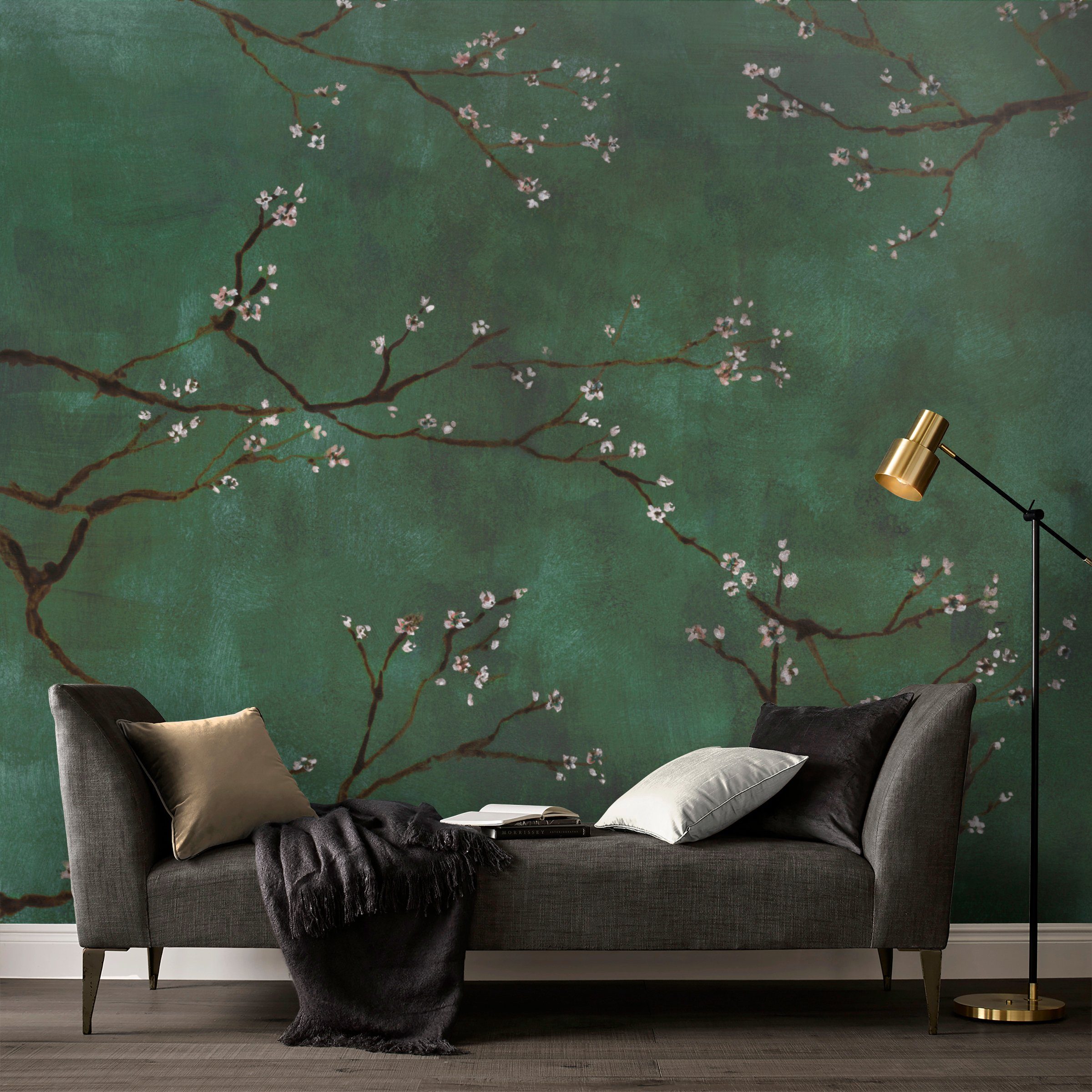 Art for the home Blüte, St), Chinesische Fototapete Grün - (1 botanisch, 300x280cm