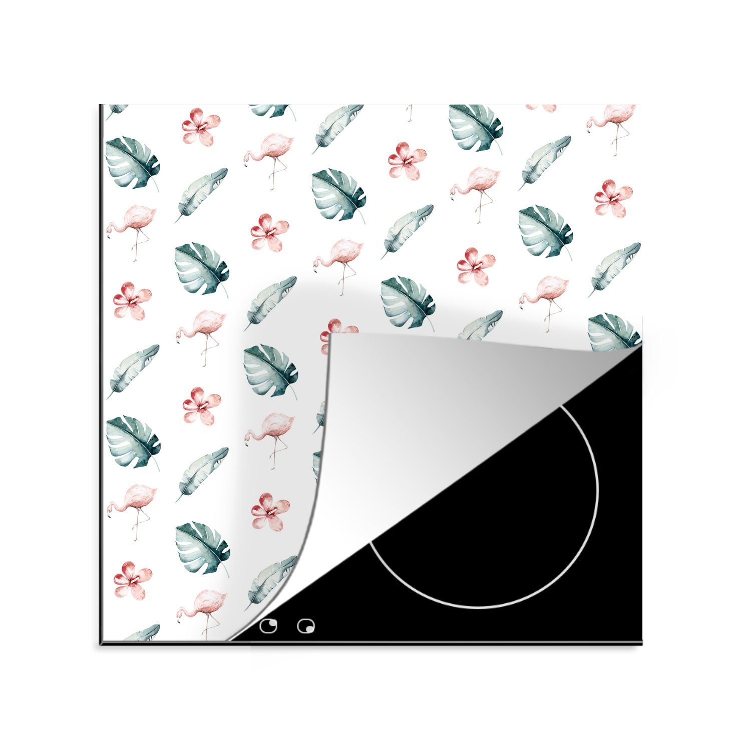 MuchoWow Herdblende-/Abdeckplatte Flamingo - Muster - Blätter, Vinyl, (1 tlg), 78x78 cm, Ceranfeldabdeckung, Arbeitsplatte für küche