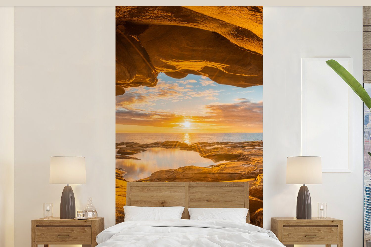 MuchoWow Fototapete Höhle - Meer - Horizont - Sonnenuntergang, Matt, bedruckt, (2 St), Vliestapete für Wohnzimmer Schlafzimmer Küche, Fototapete