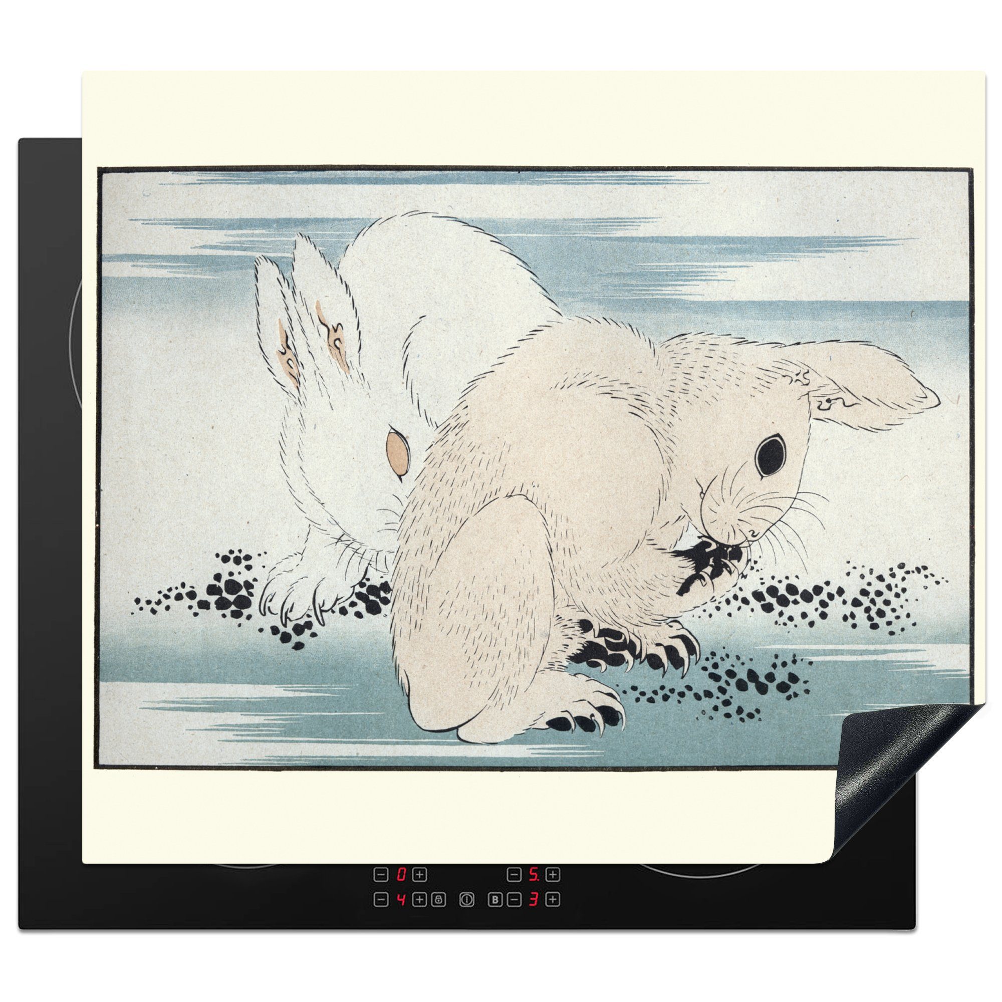 MuchoWow Herdblende-/Abdeckplatte Japanische Illustration Hasen von Katsushika Hokusai, Vinyl, (1 tlg), 60x52 cm, Mobile Arbeitsfläche nutzbar, Ceranfeldabdeckung