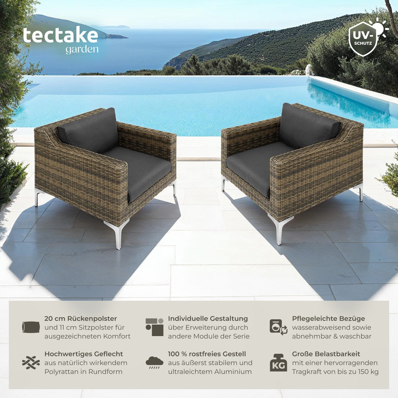tectake Sitzgruppe Modulares Rattanset, Dicke des Sitzpolsters 11 cm, 89 x 89 x 72 cm, (Loungeset Villanova, für Außen in Anthrazit-meliert), Sessel mit, wetterfest und UV-beständig, hochwertig