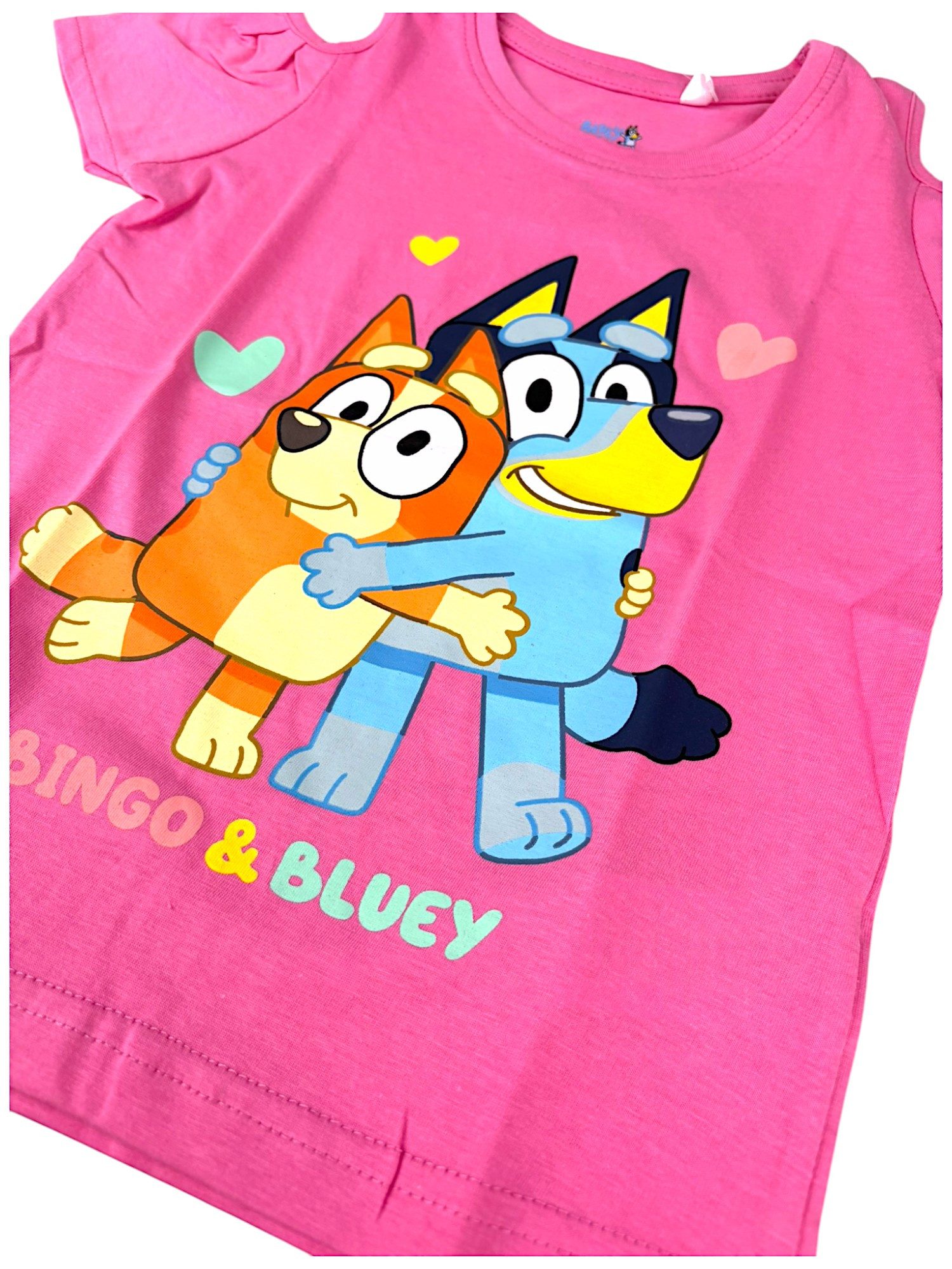 Bluey T-Shirt Bingo & Bluey Mädchen Jersey Off-Shoulder Kurzarmshirt aus Baumwolle Gr.92- 116 cm