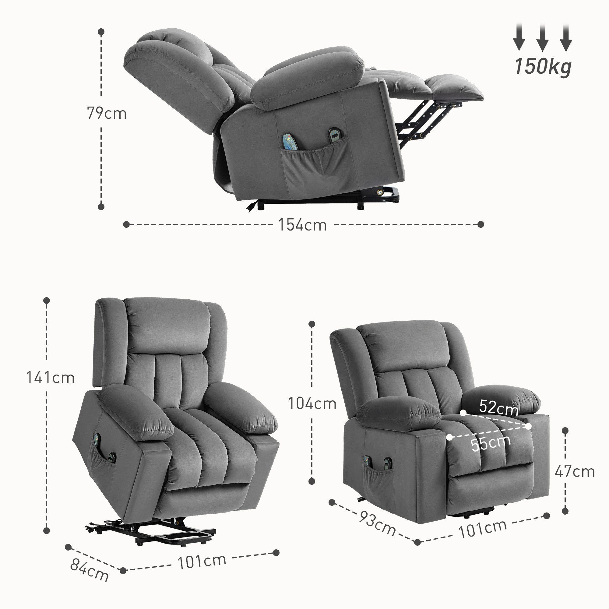 HOMCOM Massagesessel Elektrisch Relaxsessel mit Liege-, Wärme-, Massagefunktion (Fernsehsessel mit Aufstehhilfe, 1-St., TV-Sessel), mit Becherhalter, Stautraum, USB-Anschlüssen und Fernbedienung