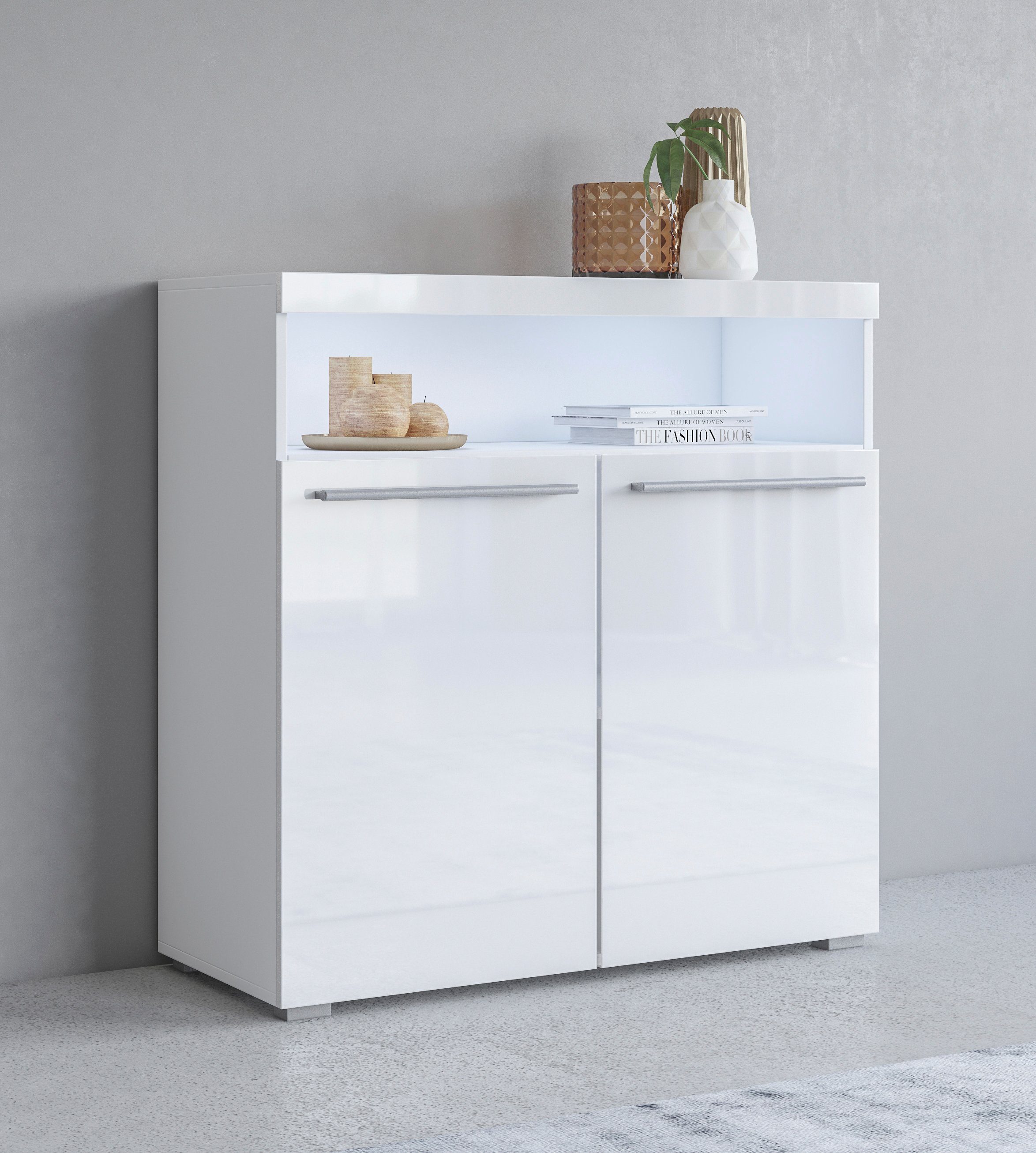 INOSIGN Kommode India, Breite 91cm, stilvolle Anrichte mit 2 Türen und offene Fach, Sideboard viel Stauraum, ohne Beleuchtung