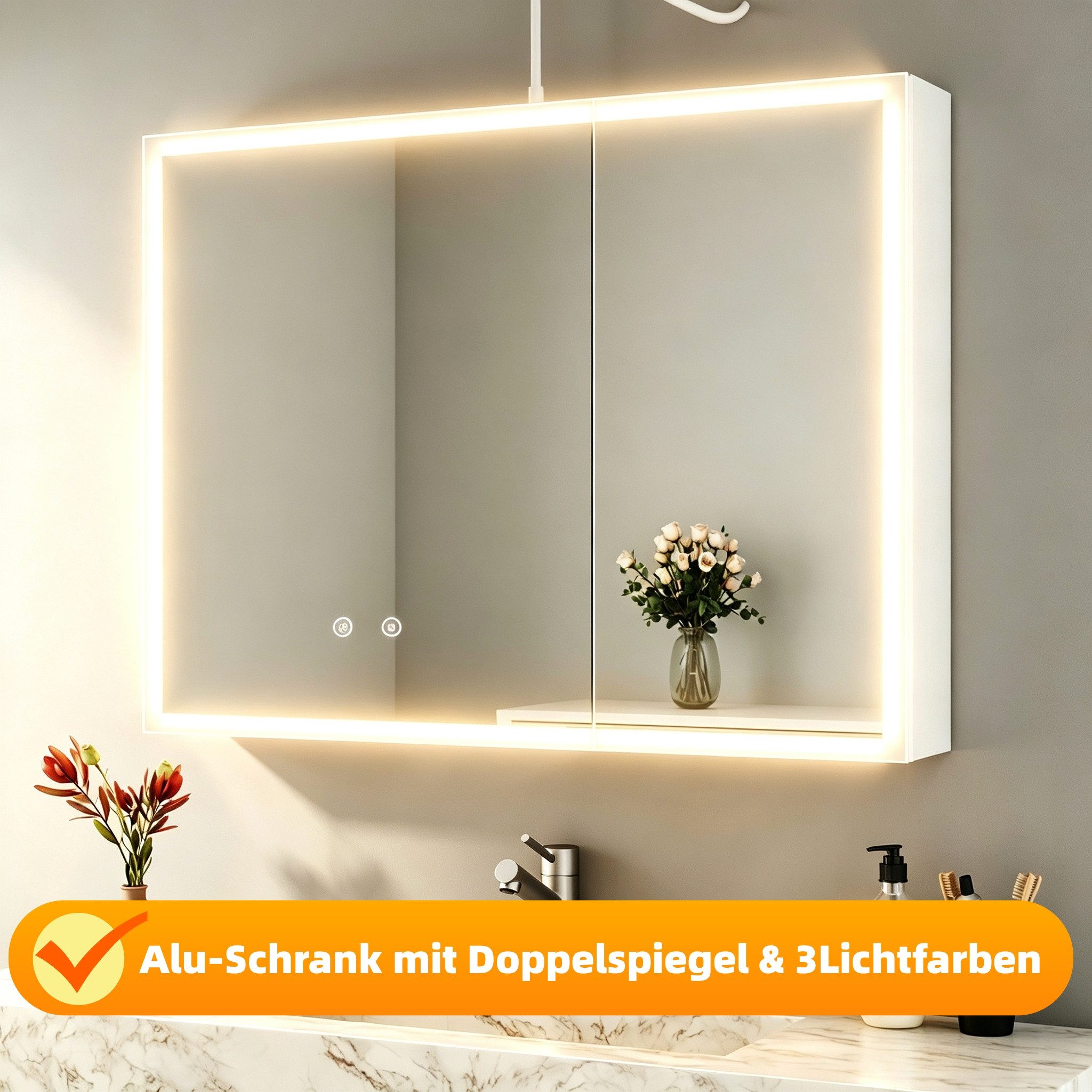 WDWRITTI Spiegelschrank Weiß Metall Badezimmerspiegelschrank mit Beleuchtung 80x60cm (Badschrank Weiss matt 2-türig, mit innen spiegel) Lichtfarben & Helligkeit einstellbar, mit Netzstecker, vormontiert