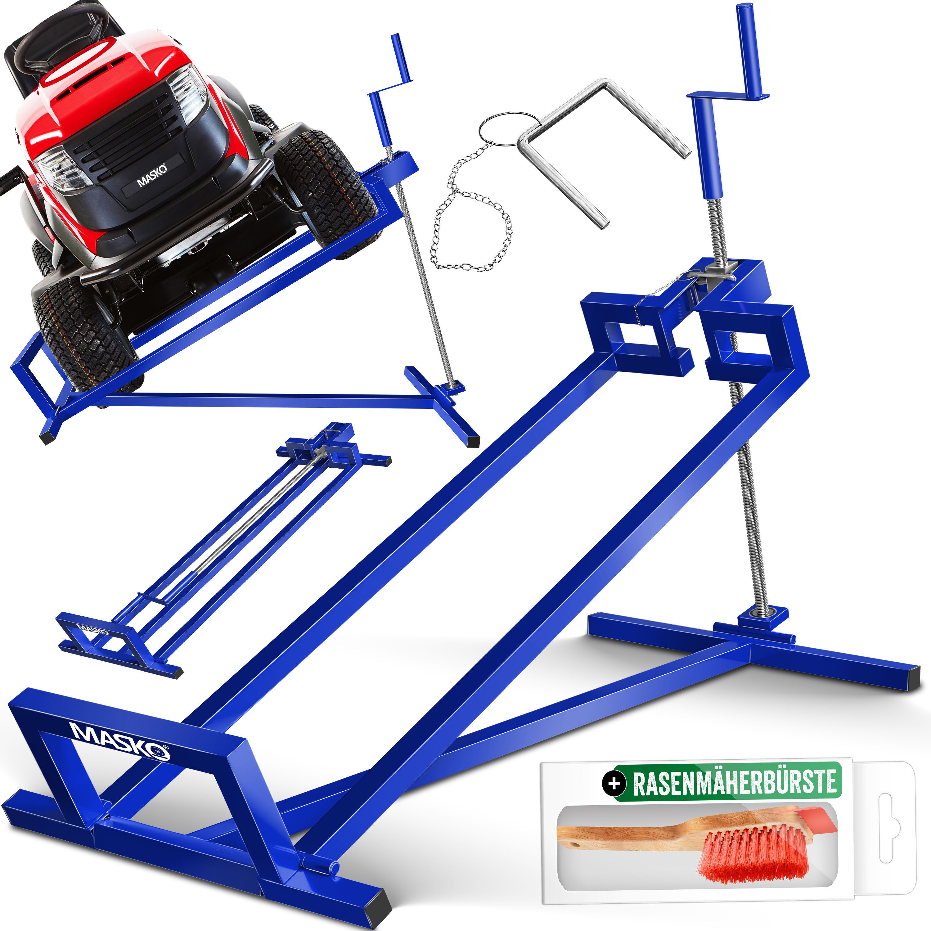 MASKO Rasentraktor Heber 450kg Hebevorrichtung für Aufsitzmäher inkl. Bürste, Rasentraktorheber, universelle Reinigungshilfe, Hebebühne für Quad
