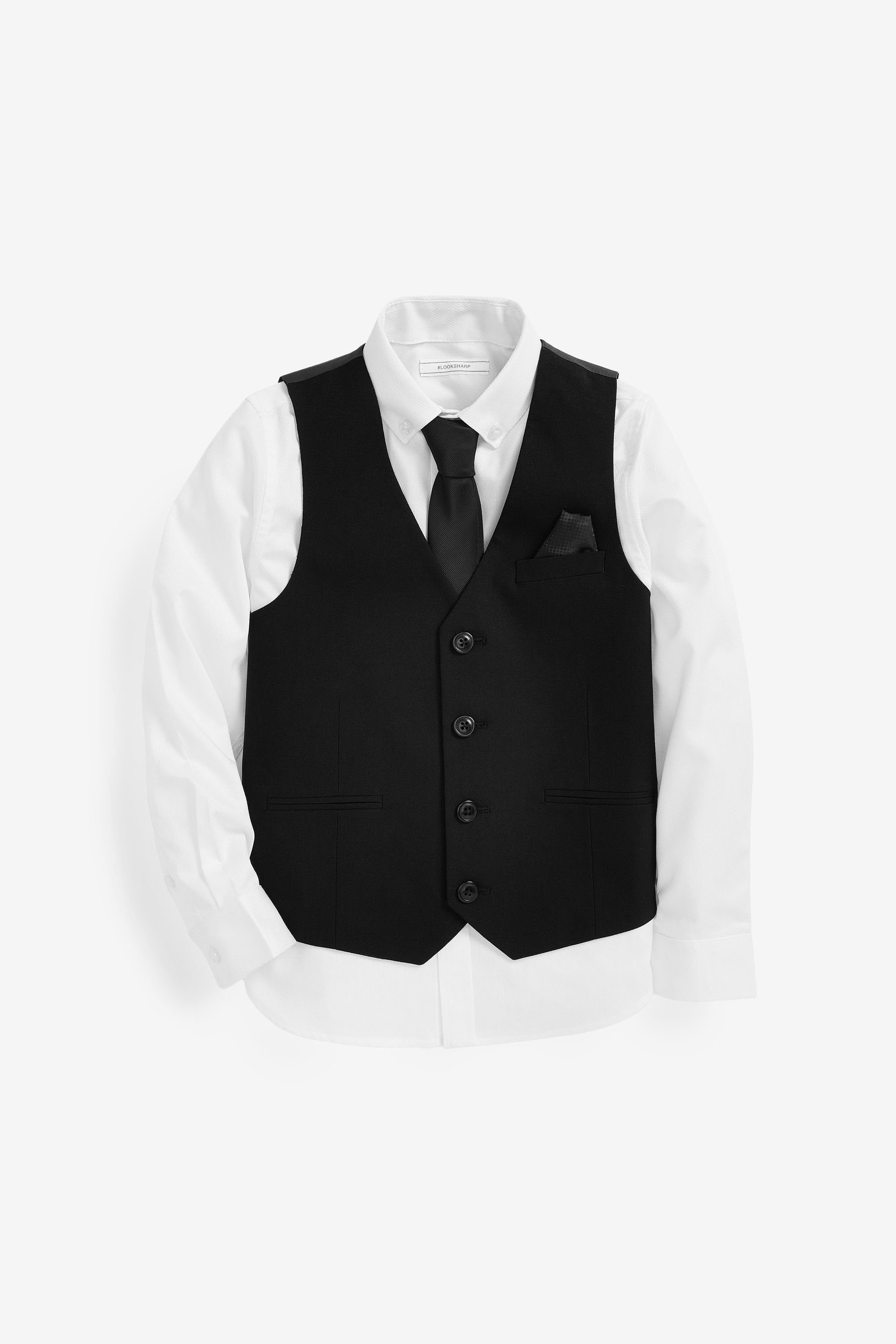 Next Anzugweste Weste (3-tlg) Black Waistcoat, Shirt & Plain Tie Set