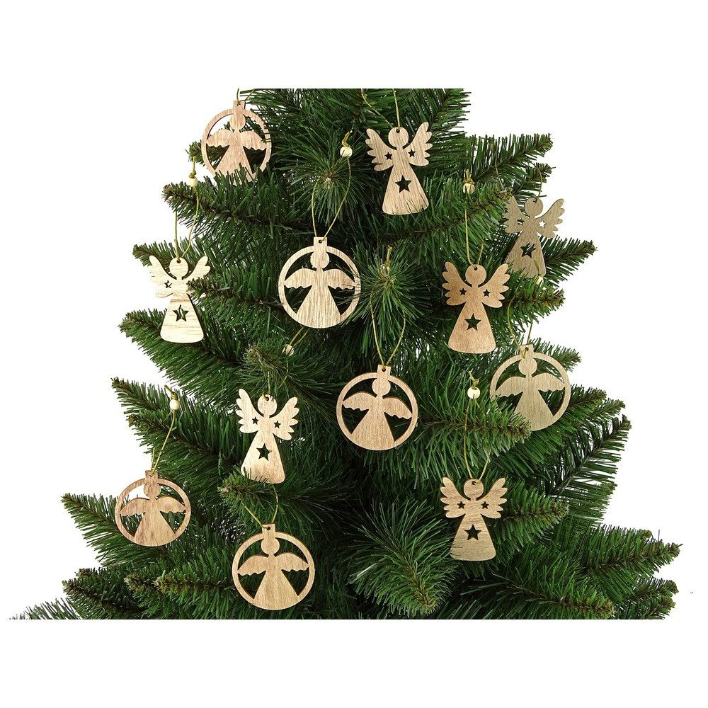 LEAN TOYS Ornament Weihnachtsengel Baumschmuck Christbaumanhänger (Spar-Set, 12 St., 6 x 5 x 1 cm filigran), 12 Holzanhänger, Aufhängeschnur, EN71 & CE geprüft