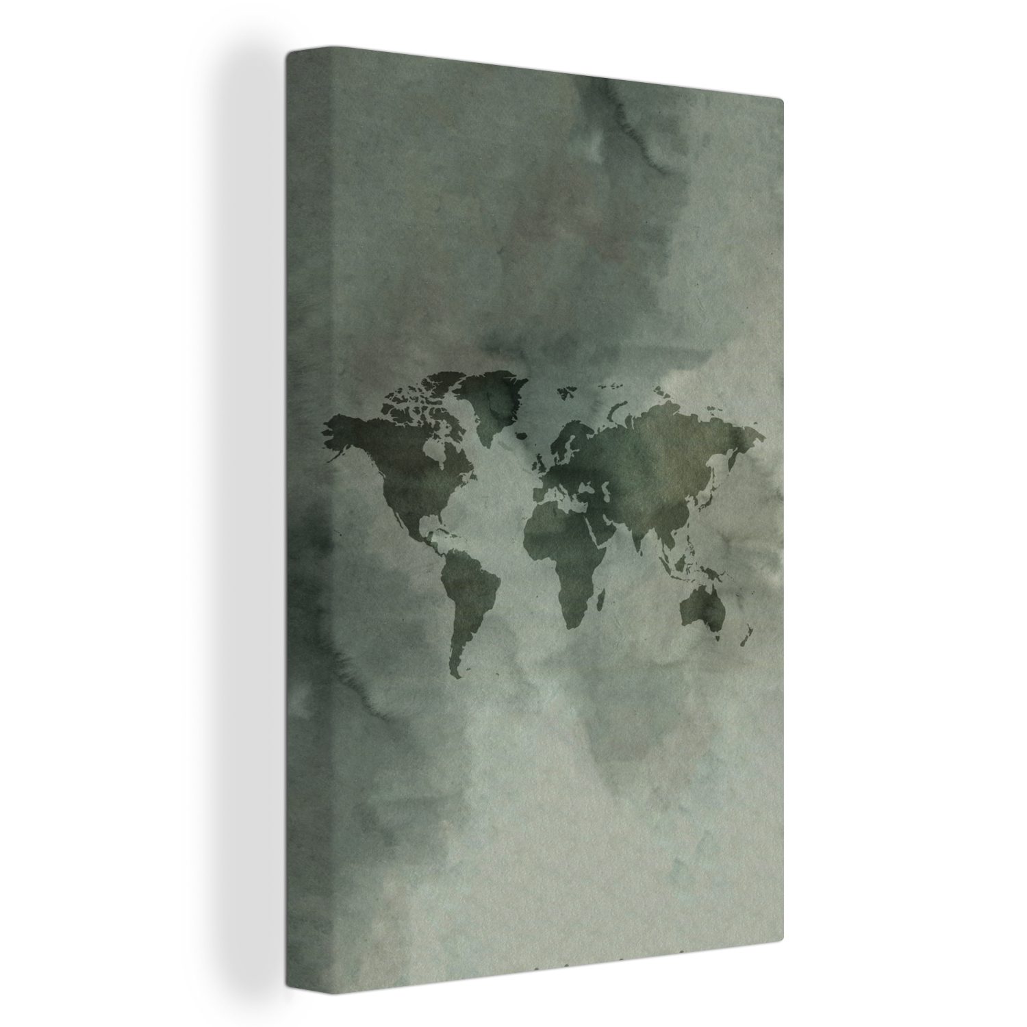 20x30 Grün Weltkarte Leinwandbild - bespannt cm inkl. Leinwandbild fertig Zackenaufhänger, Aquarellfarbe Grau, - (1 Gemälde, St), - OneMillionCanvasses®