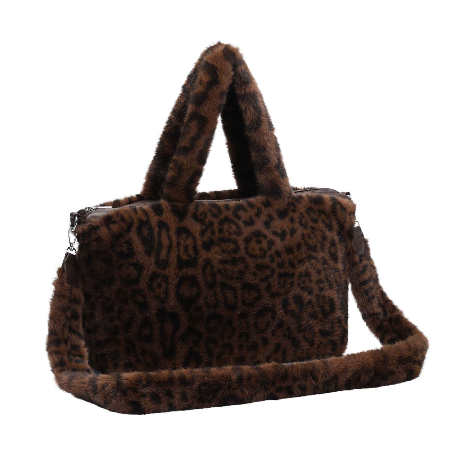 ITALYSHOP24 Schultertasche XL DAMEN PELZTASCHE Tote Bag Leopard Print Tasche Shopper Plüsch Fell, Leo Umhängetasche Teddytasche Weekender Kunstpelz Teddy CrossOver