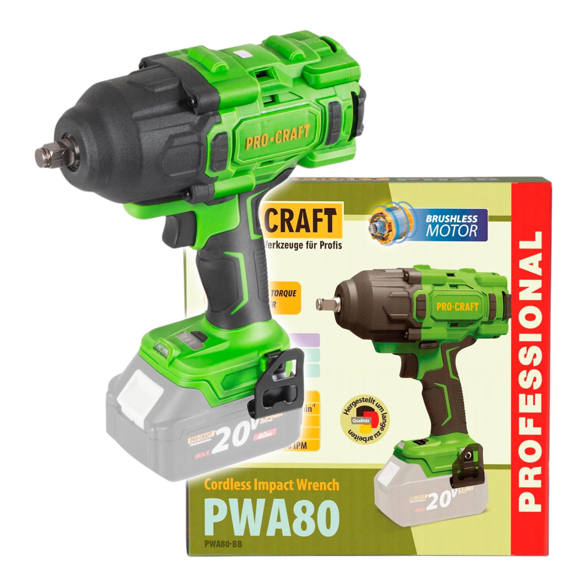 PRO CRAFT Akku-Schlagschrauber PWA80bb 20 V 1600 Nm 1/2" Brushless Solo - ohne Akku, ohne Ladegerät