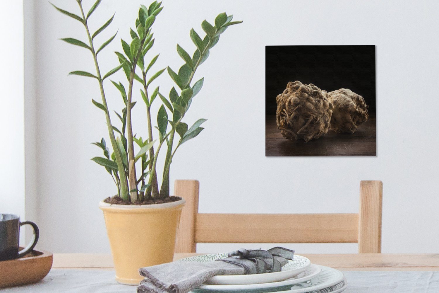 Hintergrund, Wohnzimmer Tisch auf einem Schlafzimmer Leinwandbild mit für St), Knollensellerie schwarzem OneMillionCanvasses® (1 Leinwand Bilder