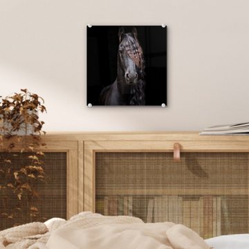 MuchoWow Acrylglasbild Pferde - Friesisch - Mähne - Schwarz - Tiere, (1 St), Glasbilder - Bilder auf Glas Wandbild - Foto auf Glas - Wanddekoration