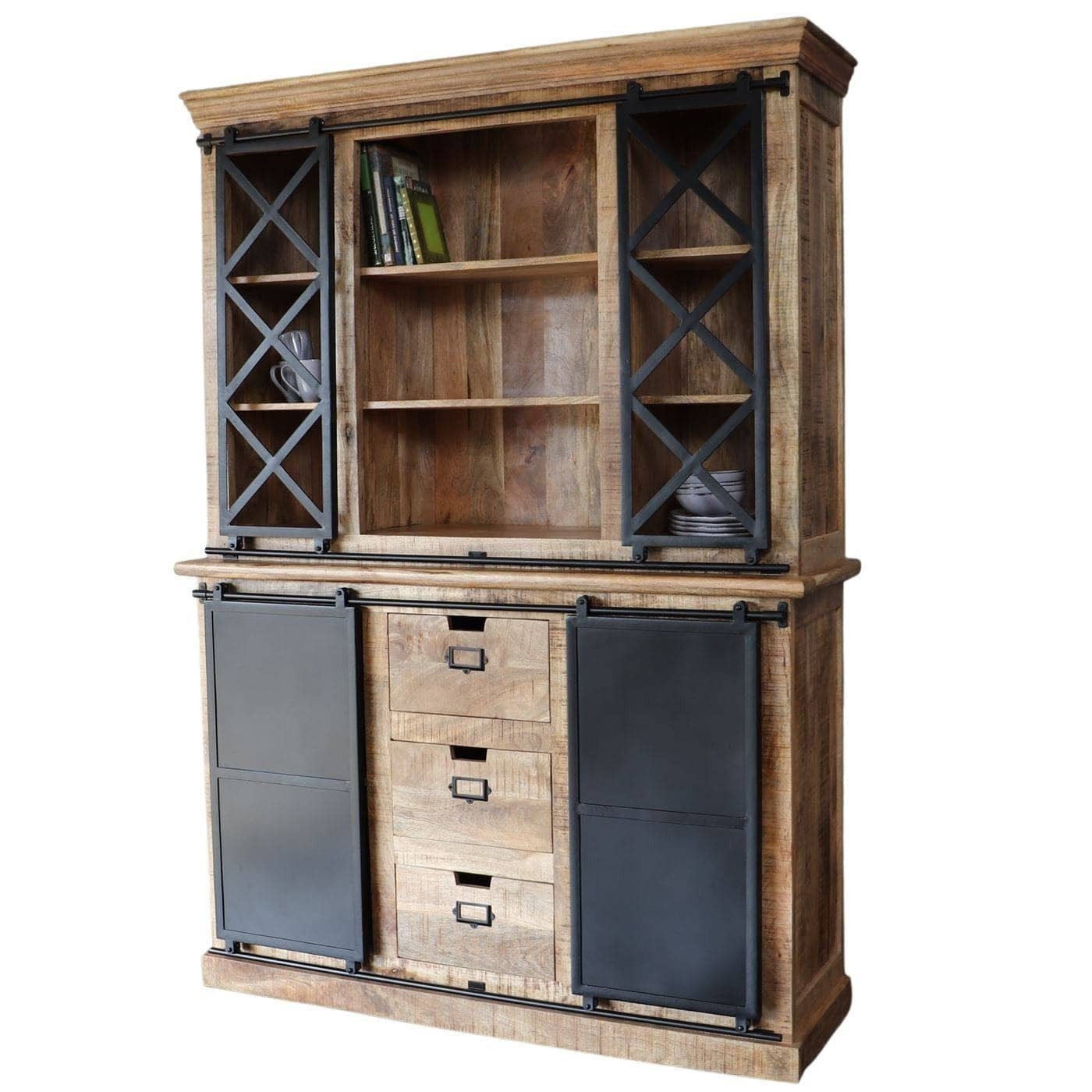 baario Buffet Geschirrschrank SELCE Industrial 150cm Massivholz Eisen Vitrine Buffet Schiebetüren