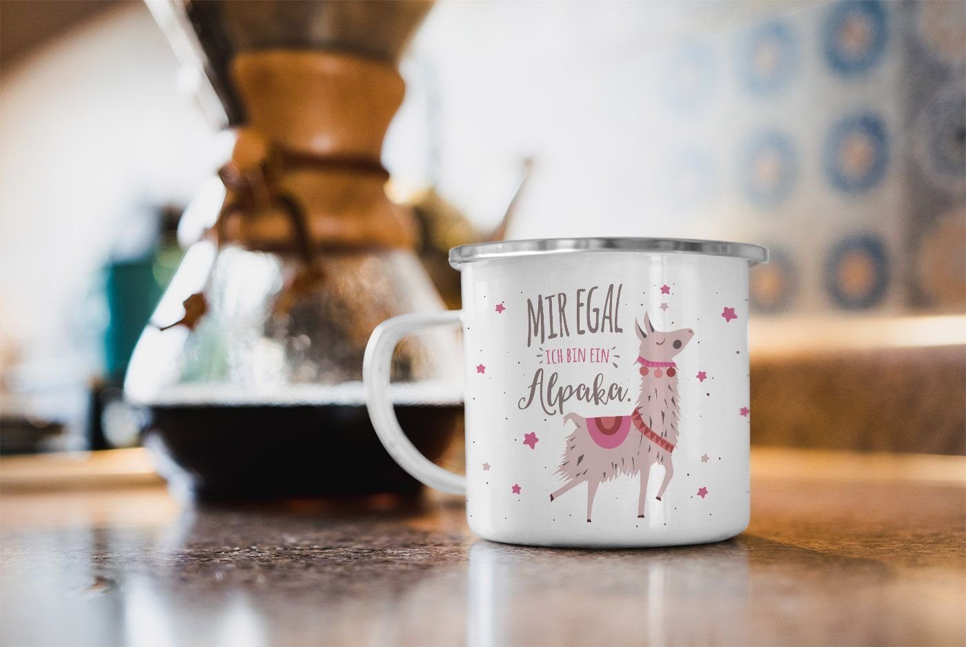 MoonWorks Tasse Emaille Tasse Becher mit Spruch und Motiv Mir egal ich bin ein Alpaka Bürotasse Kaffeetasse MoonWorks®, emailliert und mit Aufdruck