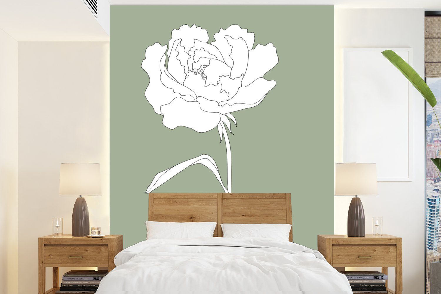 MuchoWow Fototapete Rose - Blumen - Grün - Weiß - Pflanzen, Matt, bedruckt, (4 St), Montagefertig Vinyl Tapete für Wohnzimmer, Wandtapete