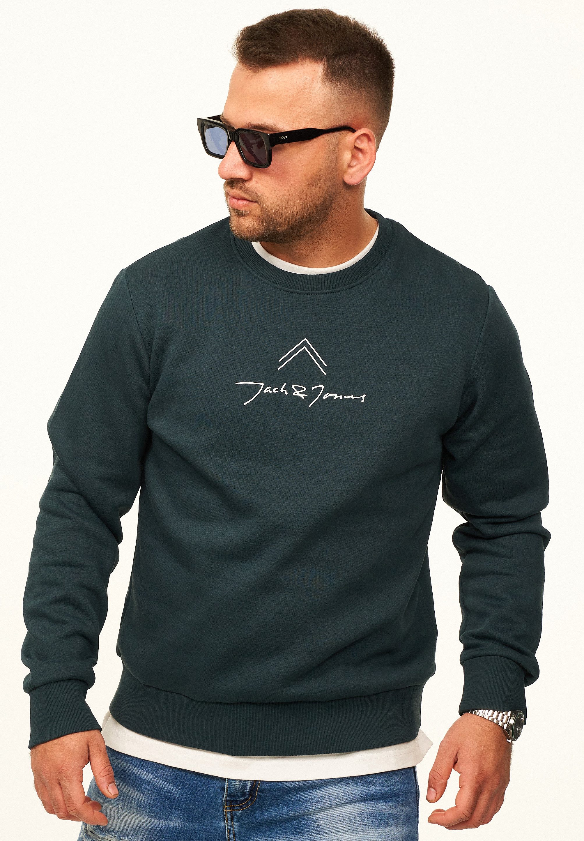 Jack & Jones Sweatshirt Pullover - Rundhalspullover mit Crew-Neck im Regular Fit für Herren Männer Sweatpullover mit Print aus Baumwollmischung