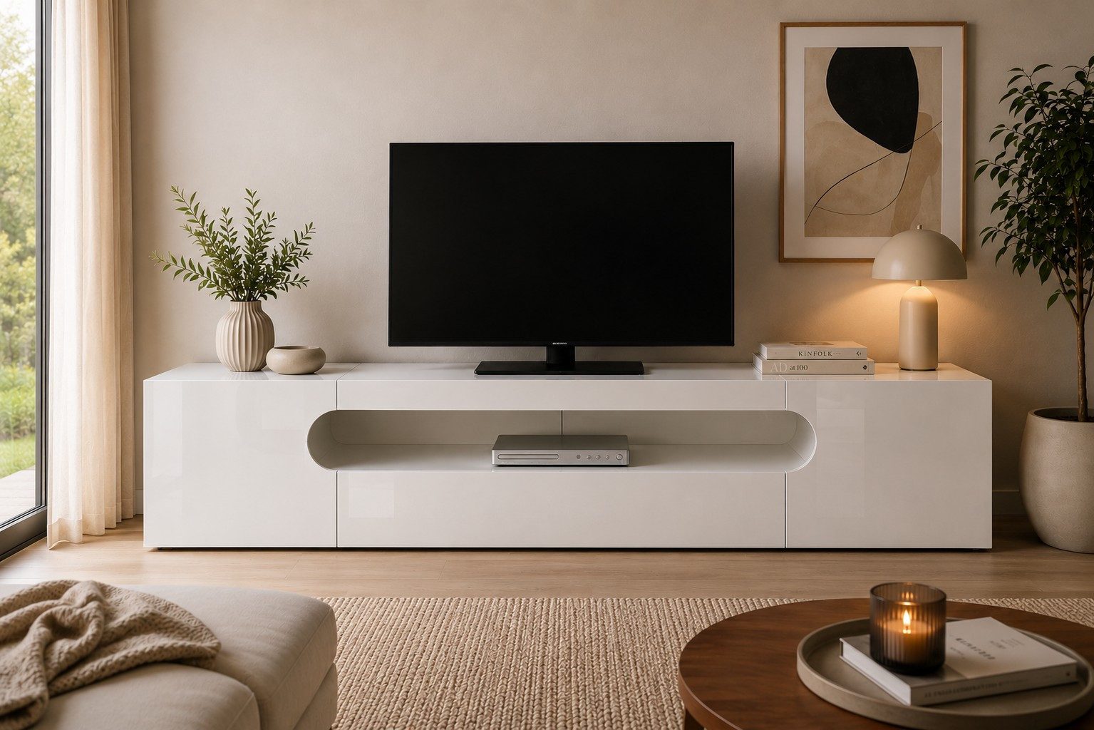 Home affaire Lowboard REAL TV-Möbel, 240 cm breit, 40/60 cm hoch, Hochglanz oder matt, mit 2 abgerundeten Türen, 1 Klappe, die ein ovales offenes Fach bilden