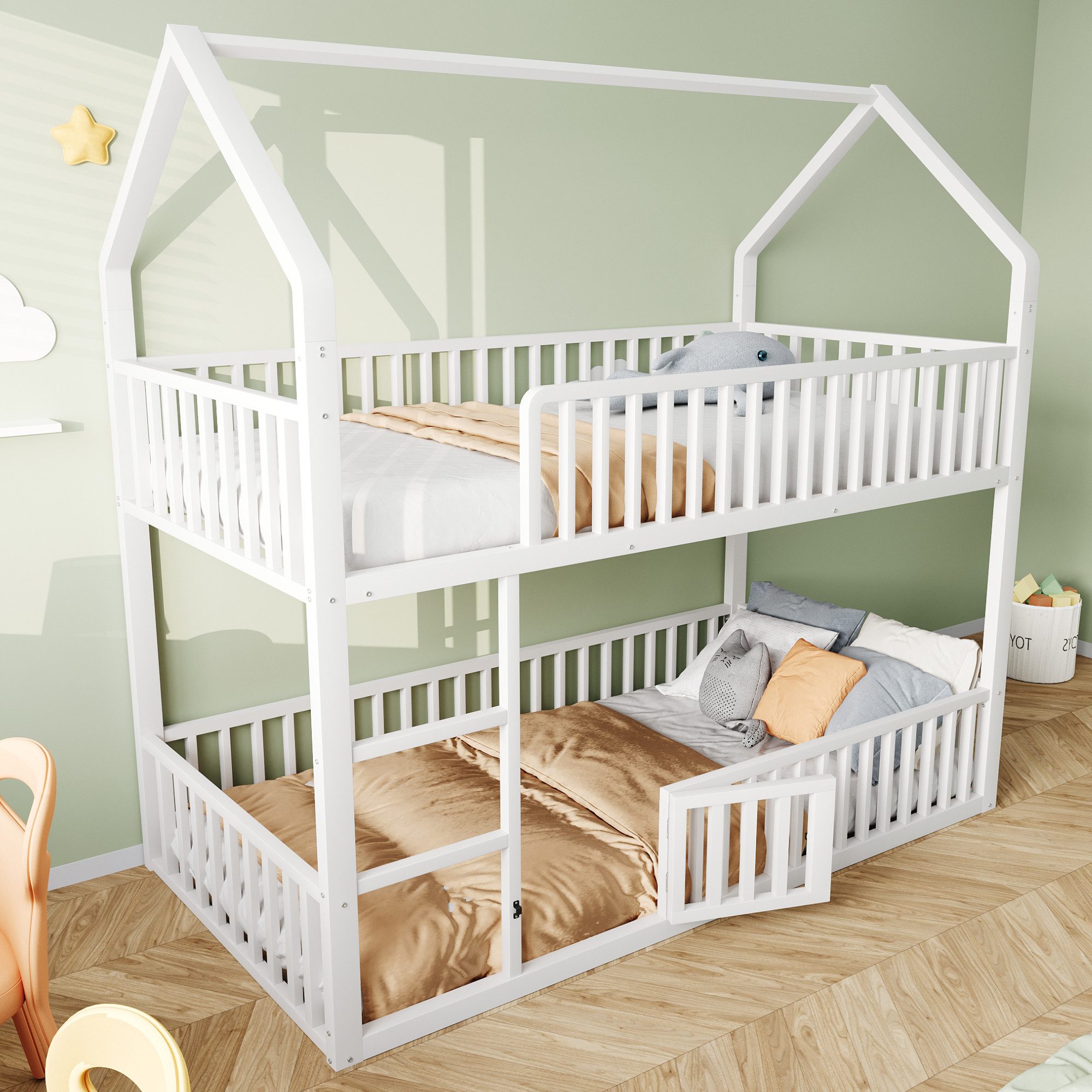 Merax Etagenbett (Jugendbett Kinderbett Stockbett, 1-St), Hohbett Metallbett 90x200cm mit Sicherheitsgeländer Leiter Tür & Dach