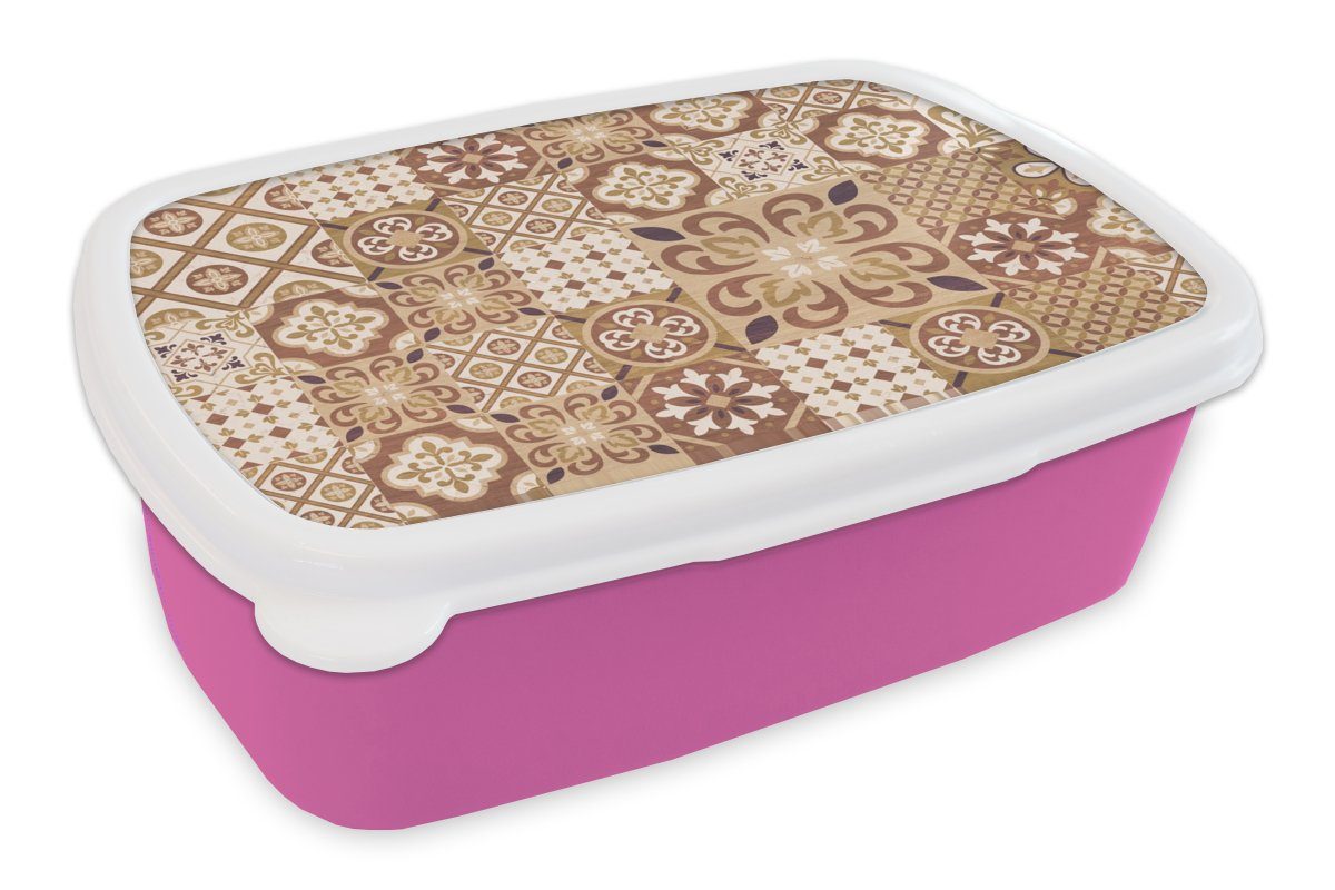 MuchoWow Lunchbox Blumen - Figuren - Vintage - Braun - Design, Kunststoff, (2-tlg), Brotbox für Erwachsene, Brotdose Kinder, Snackbox, Mädchen, Kunststoff rosa