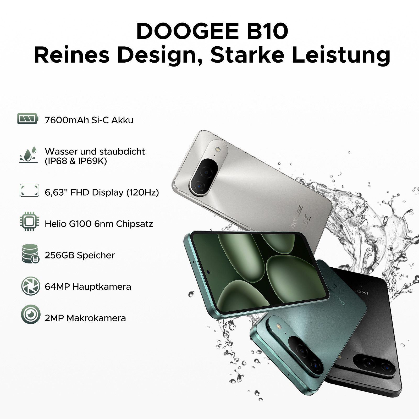 DOOGEE B10 Android 16 Handy, IP68/IP69K 7600mAh, 6.63",120Hz Smartphone (6.63 Zoll, 256 GB Speicherplatz, 48GB + 256GB, NFC, Face ID,2TB, Dual SIM, GPS)