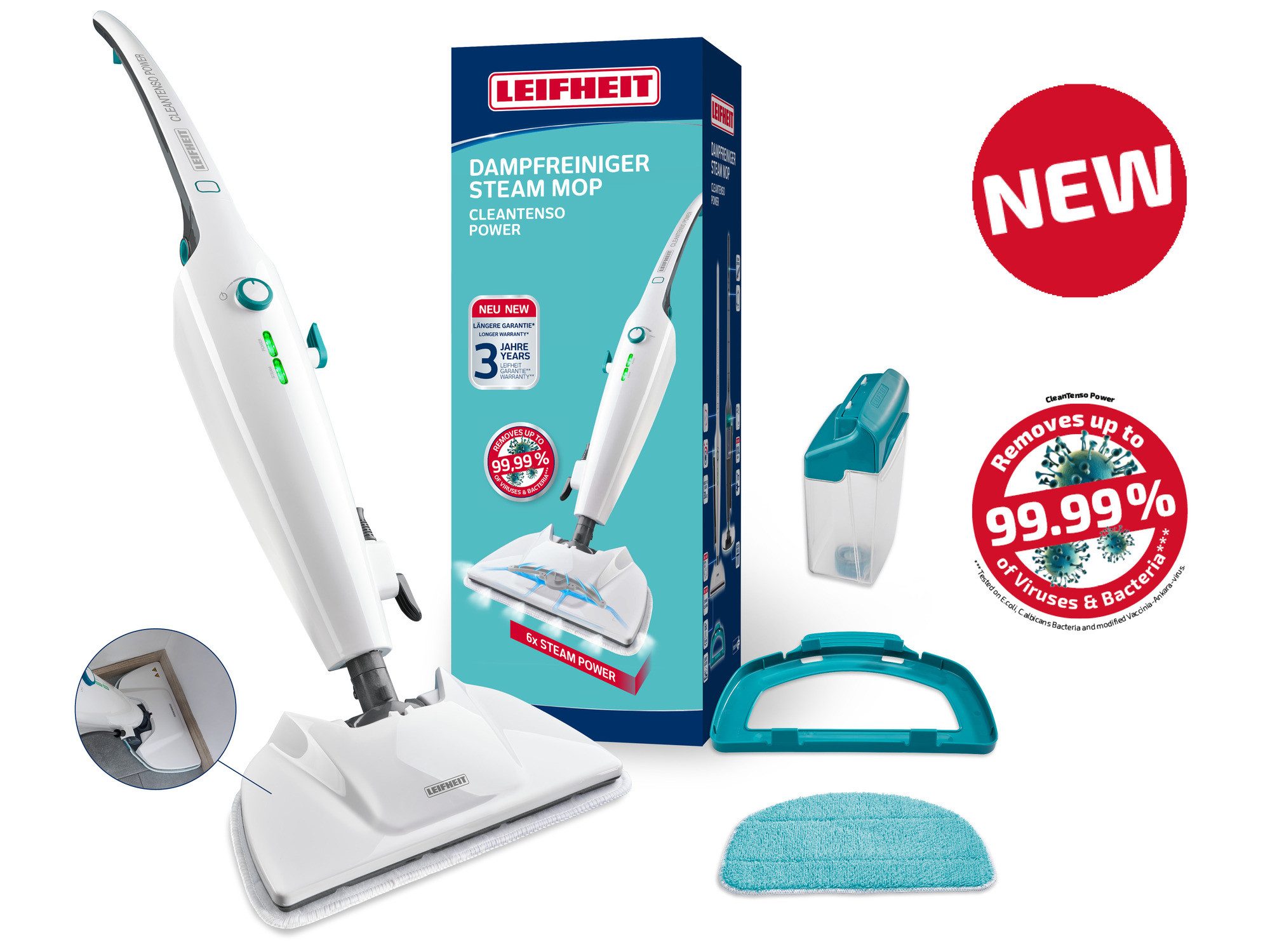 Leifheit Dampfreiniger Dampfreiniger CleanTenso Power, 1300 W, 6 Power-Steam-Düsen, bis zu 50 Minuten Nutzung, Mikrofaser Wischpad