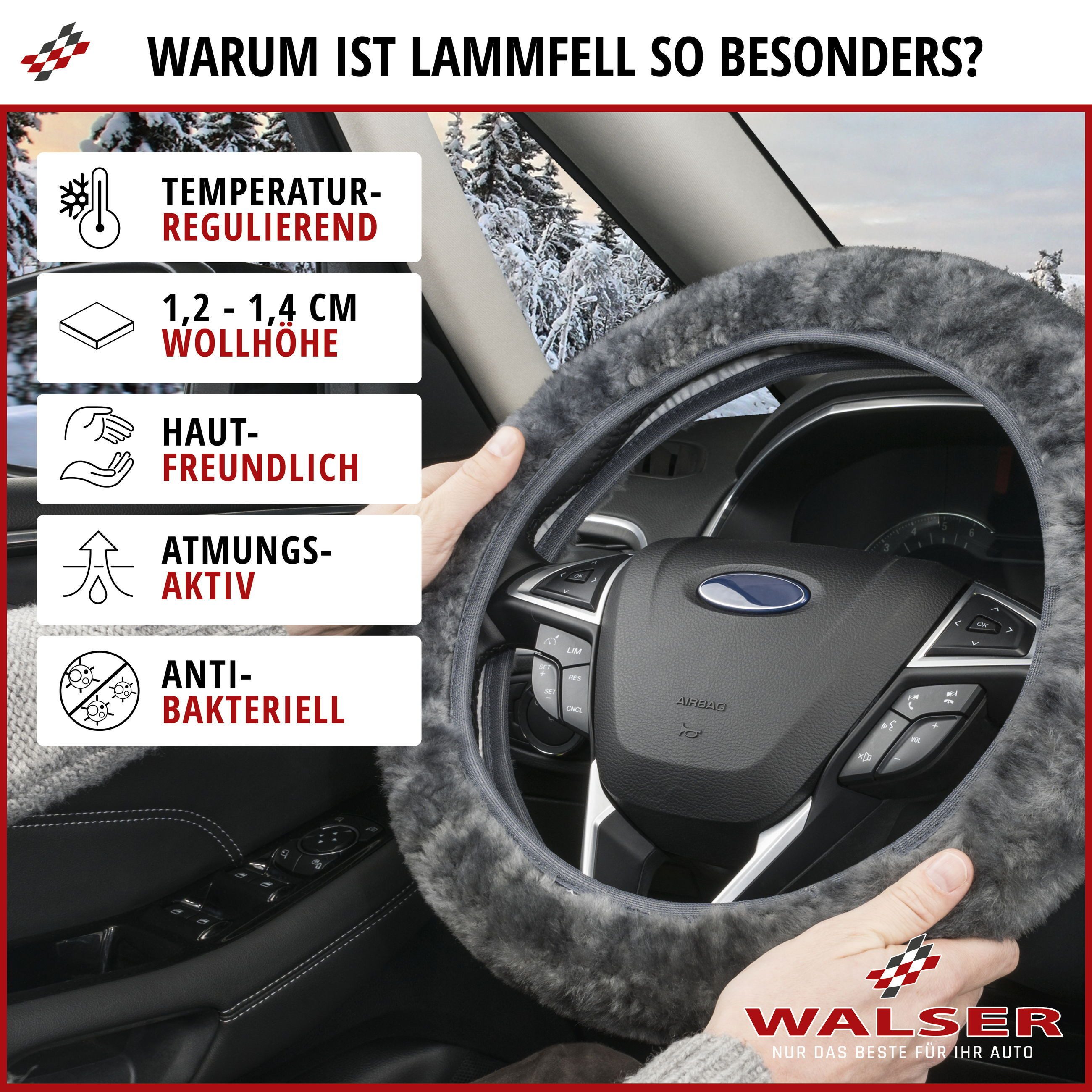 CarComfort car seat cover steering wheel cover lambskin, 1 piece, 1-piece.