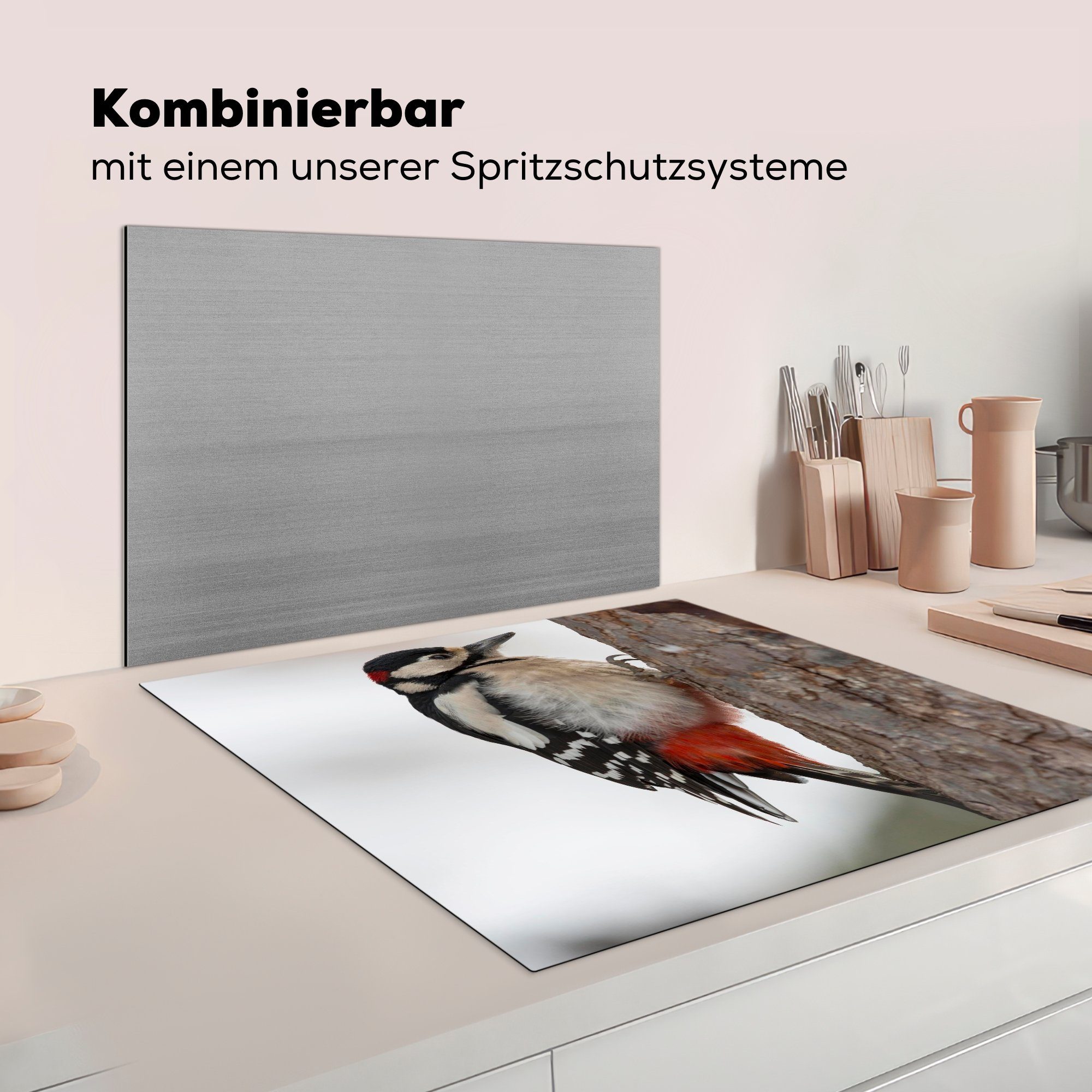 für Arbeitsplatte Ceranfeldabdeckung, küche cm, (1 Ein Winter, Herdblende-/Abdeckplatte 78x78 tlg), Buntspecht im Vinyl, MuchoWow