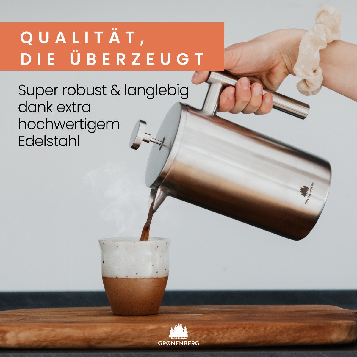 GRØNENBERG French Press Kanne 0,35 - 1 Liter l Edelstahl Kaffeebereiter mit Thermo Effekt, 0.35l Kaffeekanne, Kaffeepresse inkl. 3 Ersatz-Filter