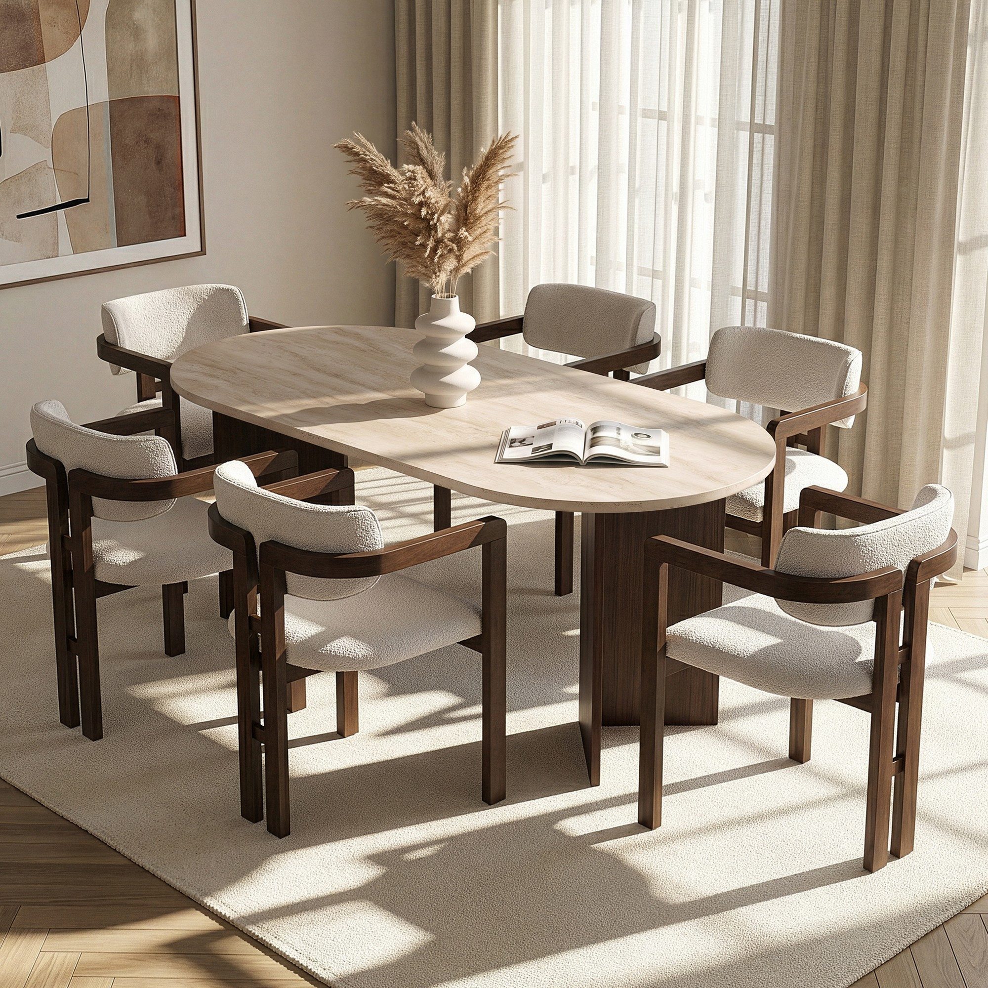 Skye Decor Essgruppe Japandi, (7-tlg., 7-teiliges Set: 1 Tisch und 6 Stühle)