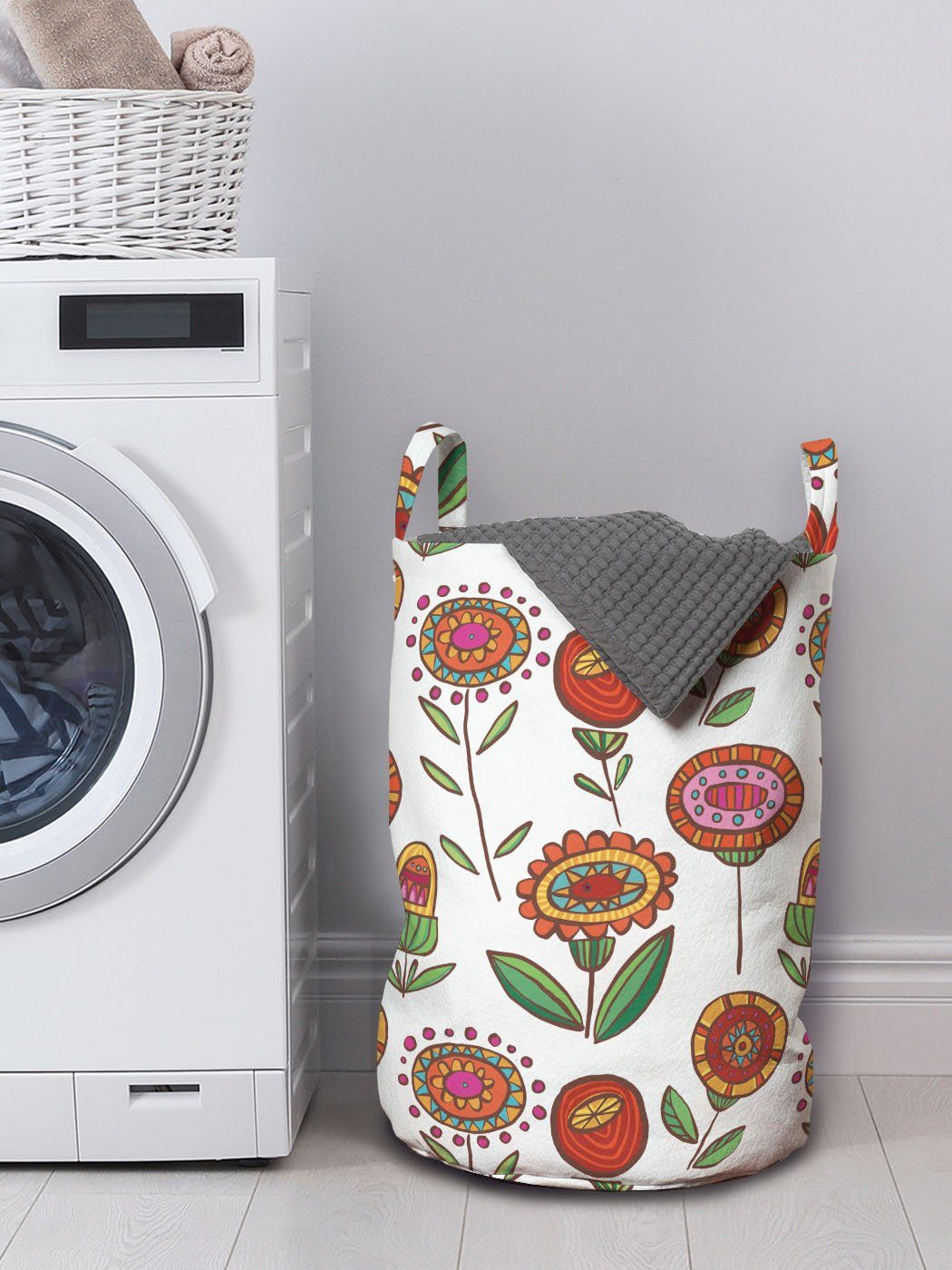 Abakuhaus Wäschesäckchen Wäschekorb mit Griffen für Waschsalons, Blumen Blumen-Kunst Bunte Kordelzugverschluss