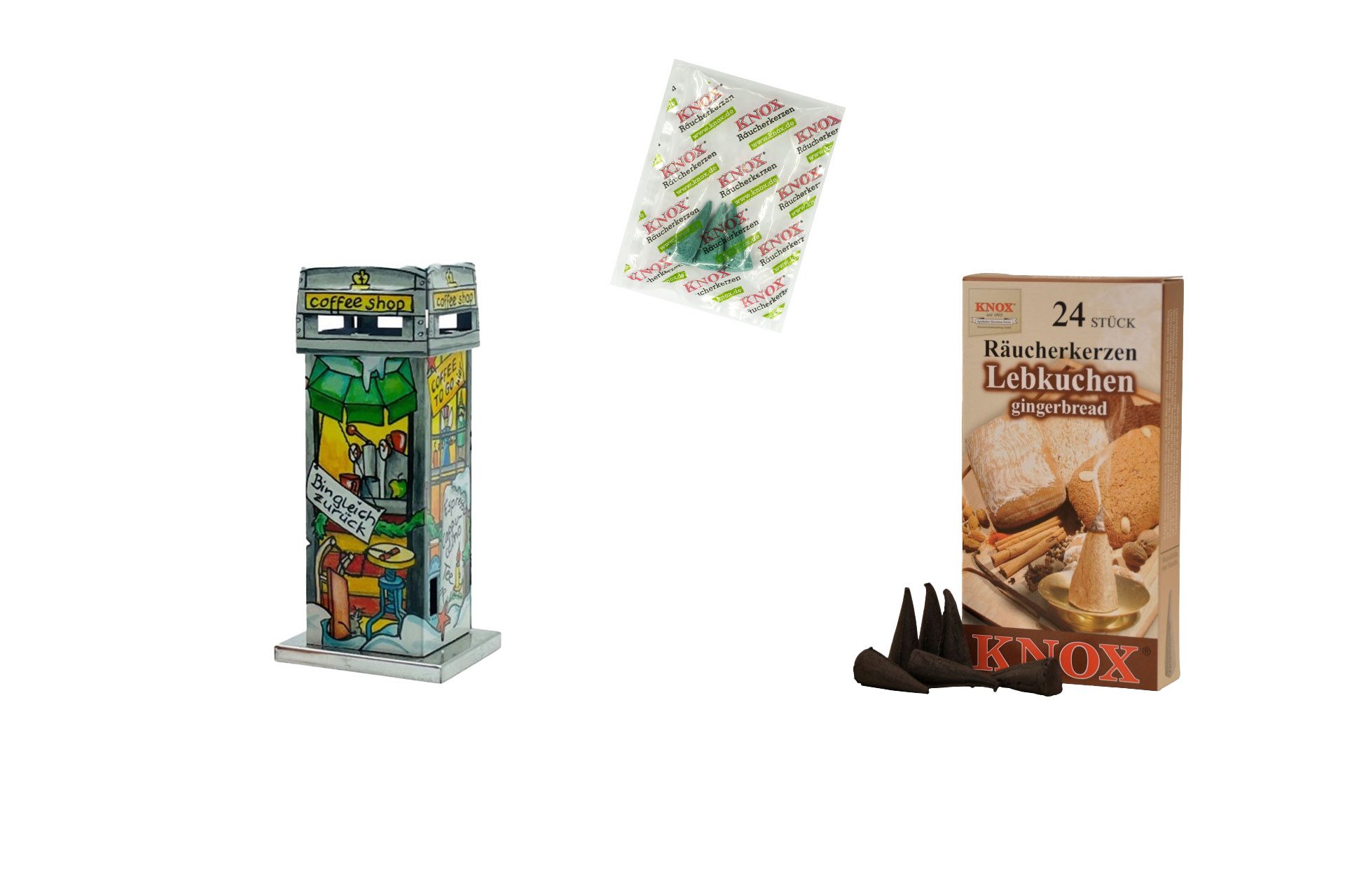 KNOX Räucherhaus Telefonzelle - Kaffee Bar - Inklusive 24 Räucherkerzen Lebkuchen, aus Metall - mit Probeduft - Dekoration für winterliche Stimmung