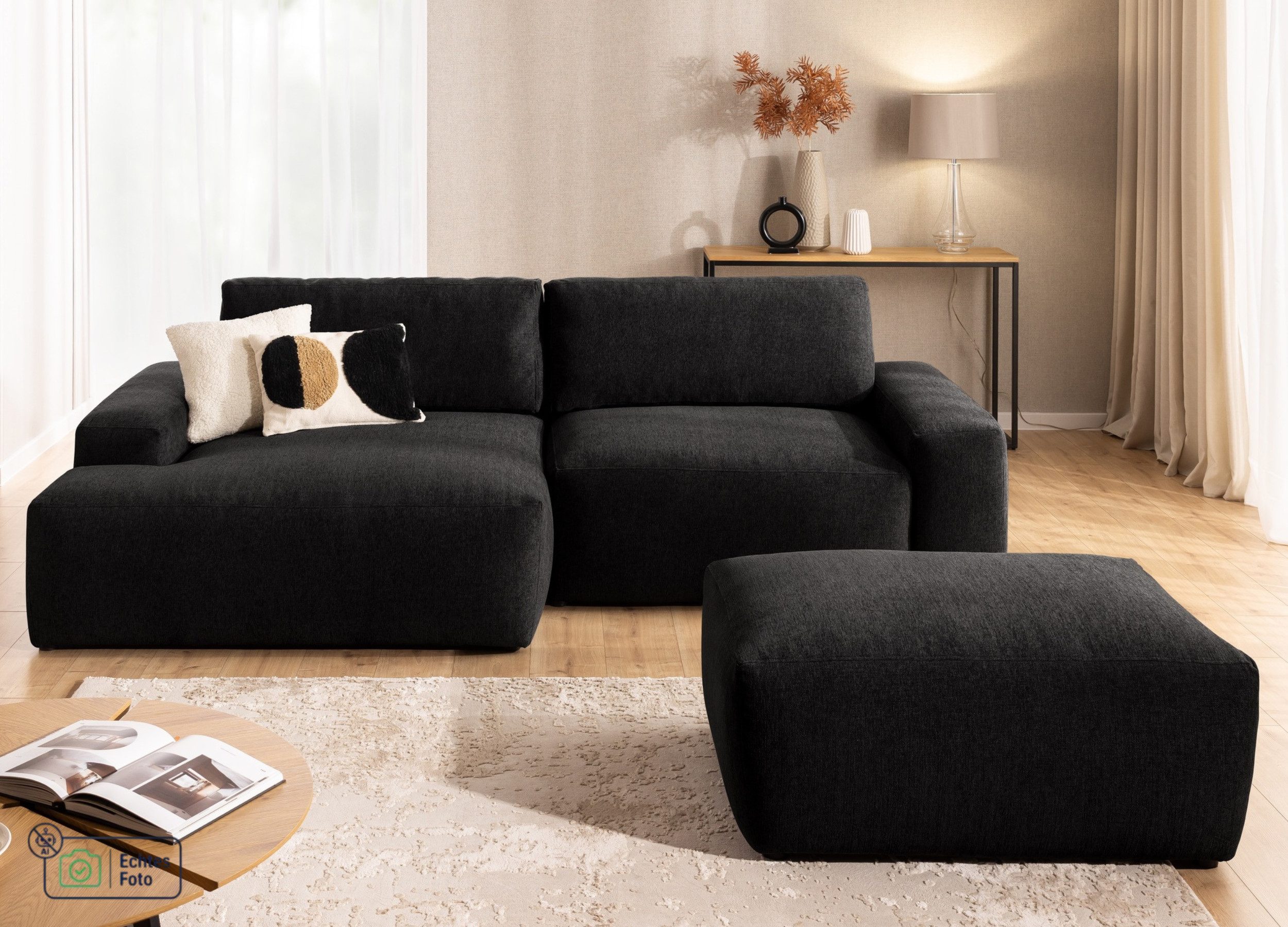 S-Style Möbel Ecksofa Lennon aus Strukturstoff mit kuscheligem Sitzkomfort, Hocker, Schlaffunktion, Bettkasten und Wellenunterfederung