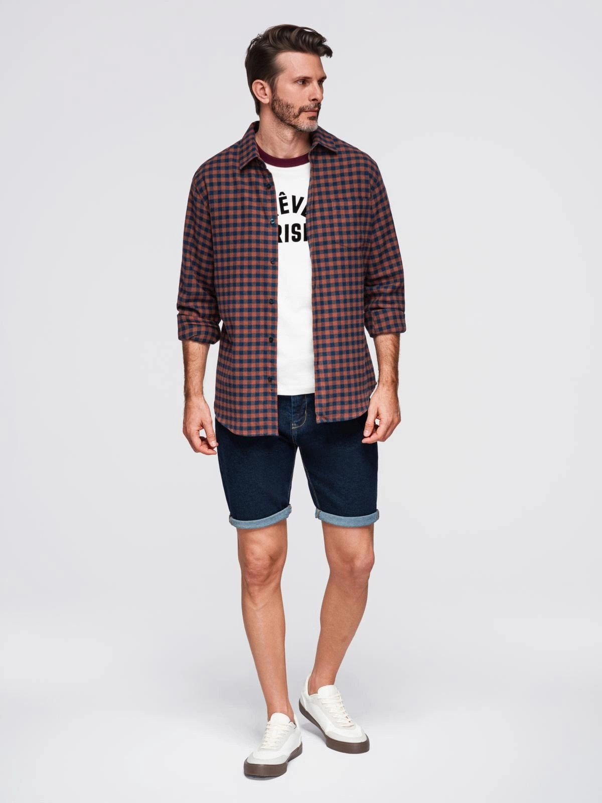 OMBRE Flanellhemd Kariertes Flanellhemd für Herren - marineblau und orange